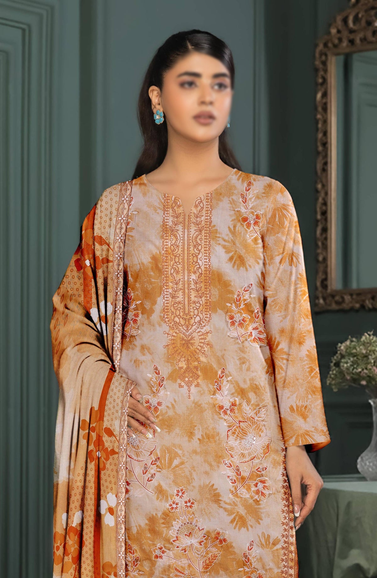 Parishay by Embroidered Lawn Unstitched 3 Piece Suit - D-07 - AK26PRH - Rust - Summer Collection