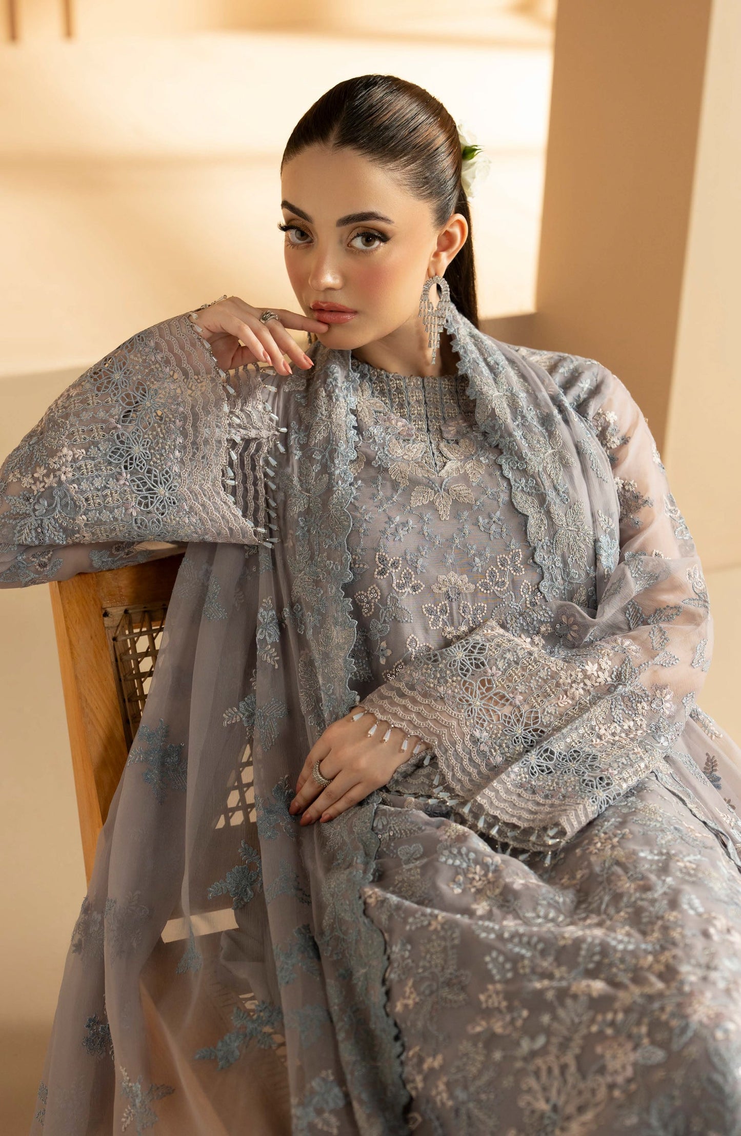 Purkashish Lavish Premium Embroidered Chiffon Unstitched 3 Piece Suit - 01 Silver Sage - LP26PRK - Grey - Festive Collection