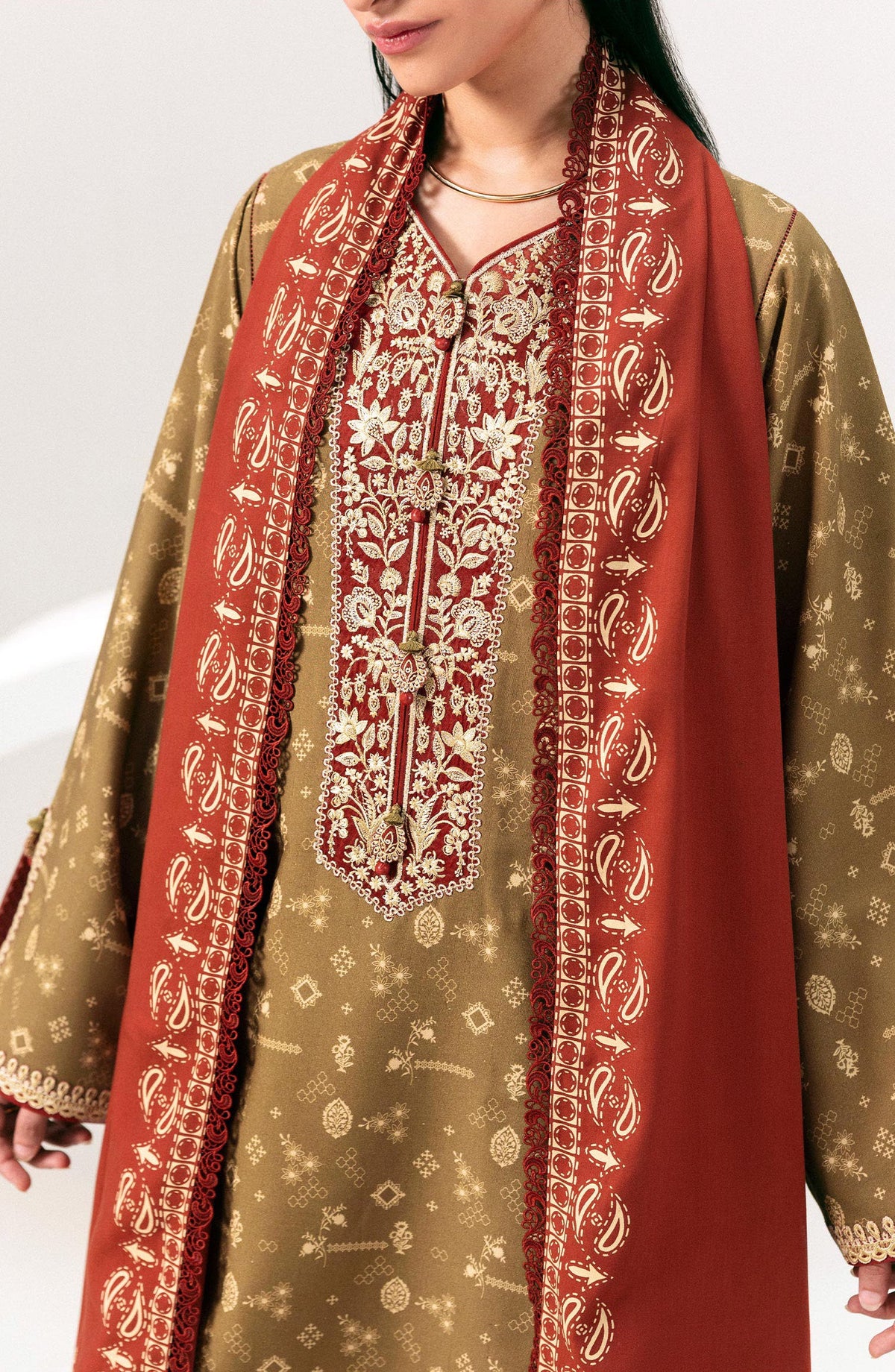 Qalamkar Embroidered Slub Linen Unstitched 3 Piece Suit - QPW-010B - QL26LI - Green - Winter Collection