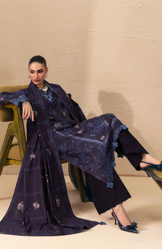 Qalamkar Embroidered Slub Linen Unstitched 3 Piece Suit - QPW-08A - QL26LI - Blue - Winter Collection