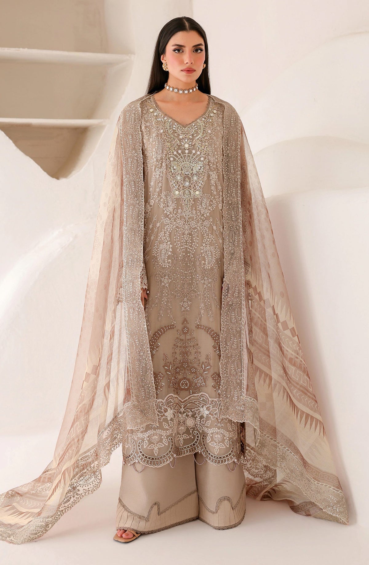 Ramsha Satrangi Embroidered Chiffon Unstitched 3 Piece Suit - ST-204 - RM26STG - Beige - Festive Collection
