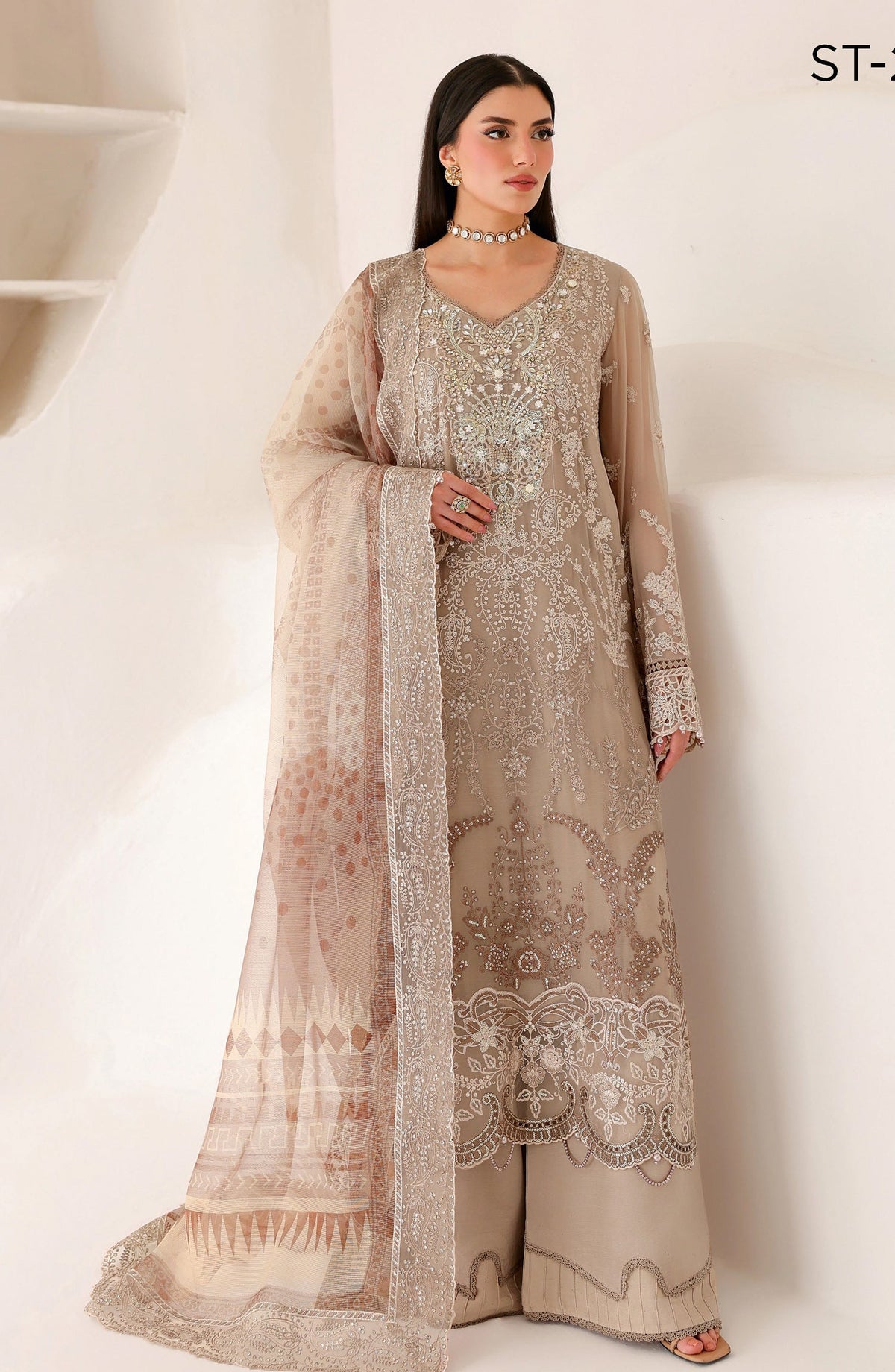 Ramsha Satrangi Embroidered Chiffon Unstitched 3 Piece Suit - ST-204 - RM26STG - Beige - Festive Collection