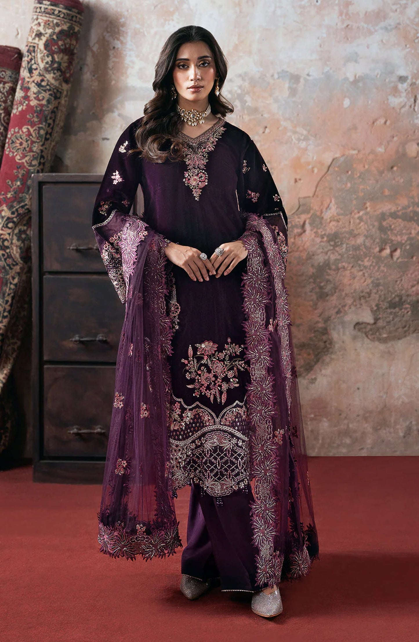 Ramsha Luxury Embroidered Velvet Unstitched 3 Piece Suit - V-704 - RM25VLT - Purple - Winter Collection