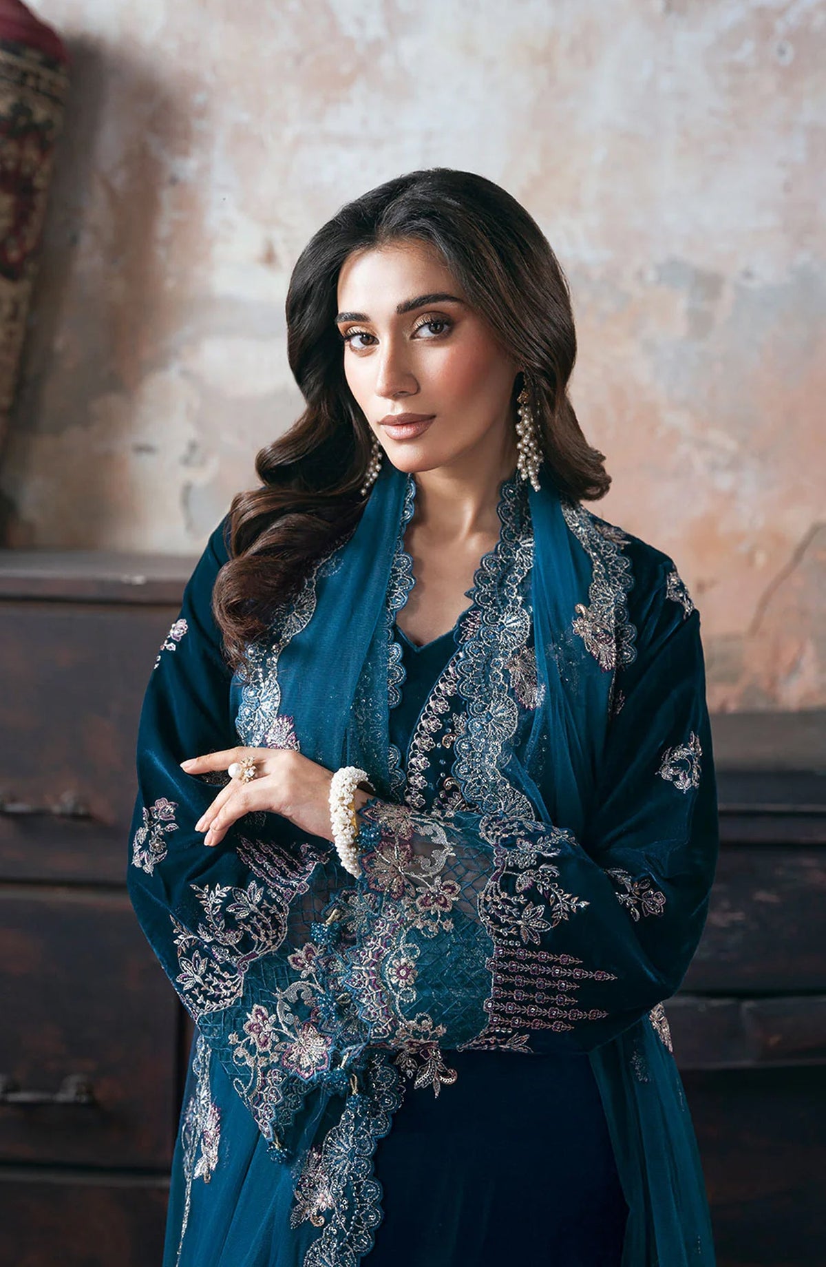 Ramsha Luxury Embroidered Velvet Unstitched 3 Piece Suit - V-707 - RM25VLT - Teal - Winter Collection