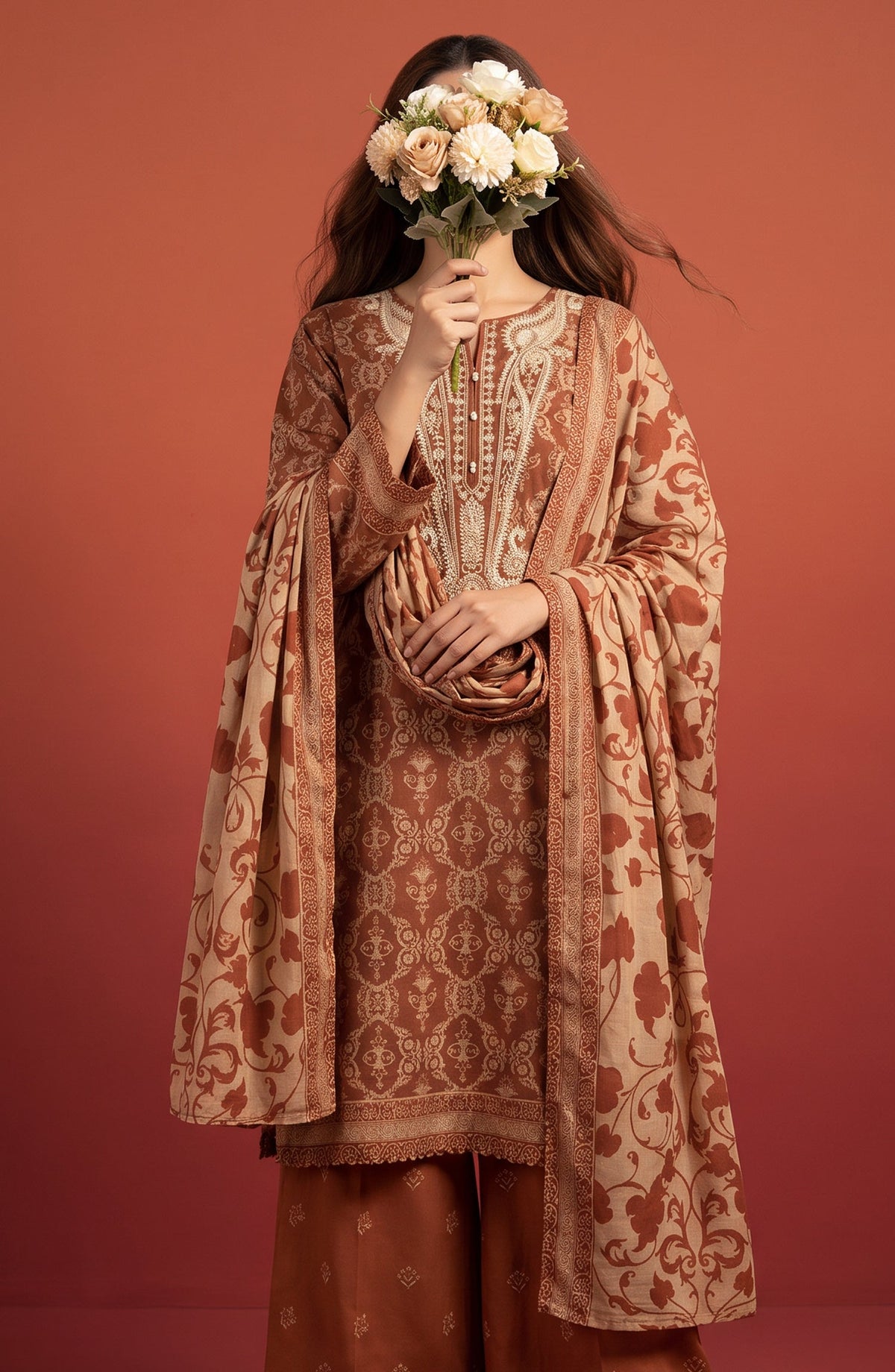 Rang e Bahar by Amna Khadija Embroidered Lawn Stitched 3 Piece Suit - AKRB-07 - AM26RNB - Rust - Summer Collection