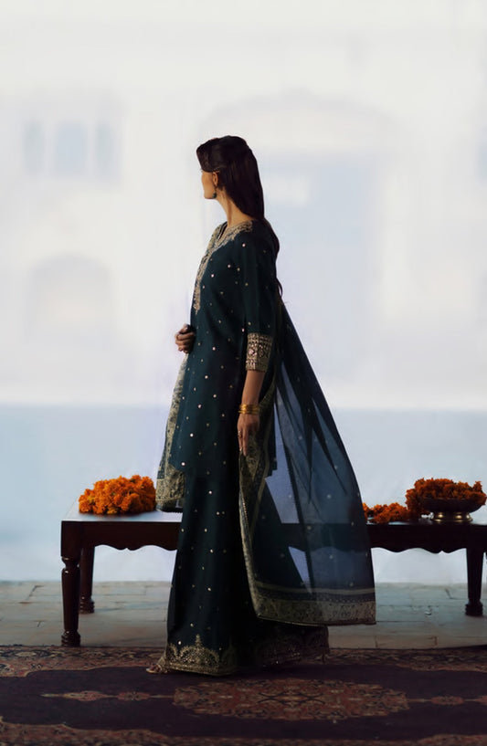 Rekha by Casual Lite Embroidered Silk Viscose Stitched 3 Piece Suit - 05 Zebba - CL26RKH - Teal - Festive Collection