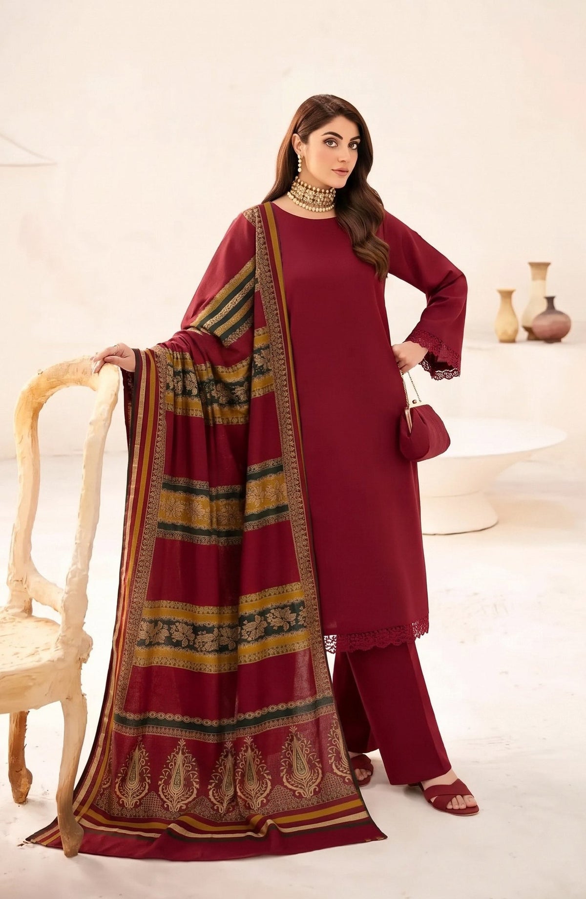 Resham by Amna Khadija Dhanak Unstitched 3 Piece Suit - D-01 - AM26REM - Maroon - Winter Collection