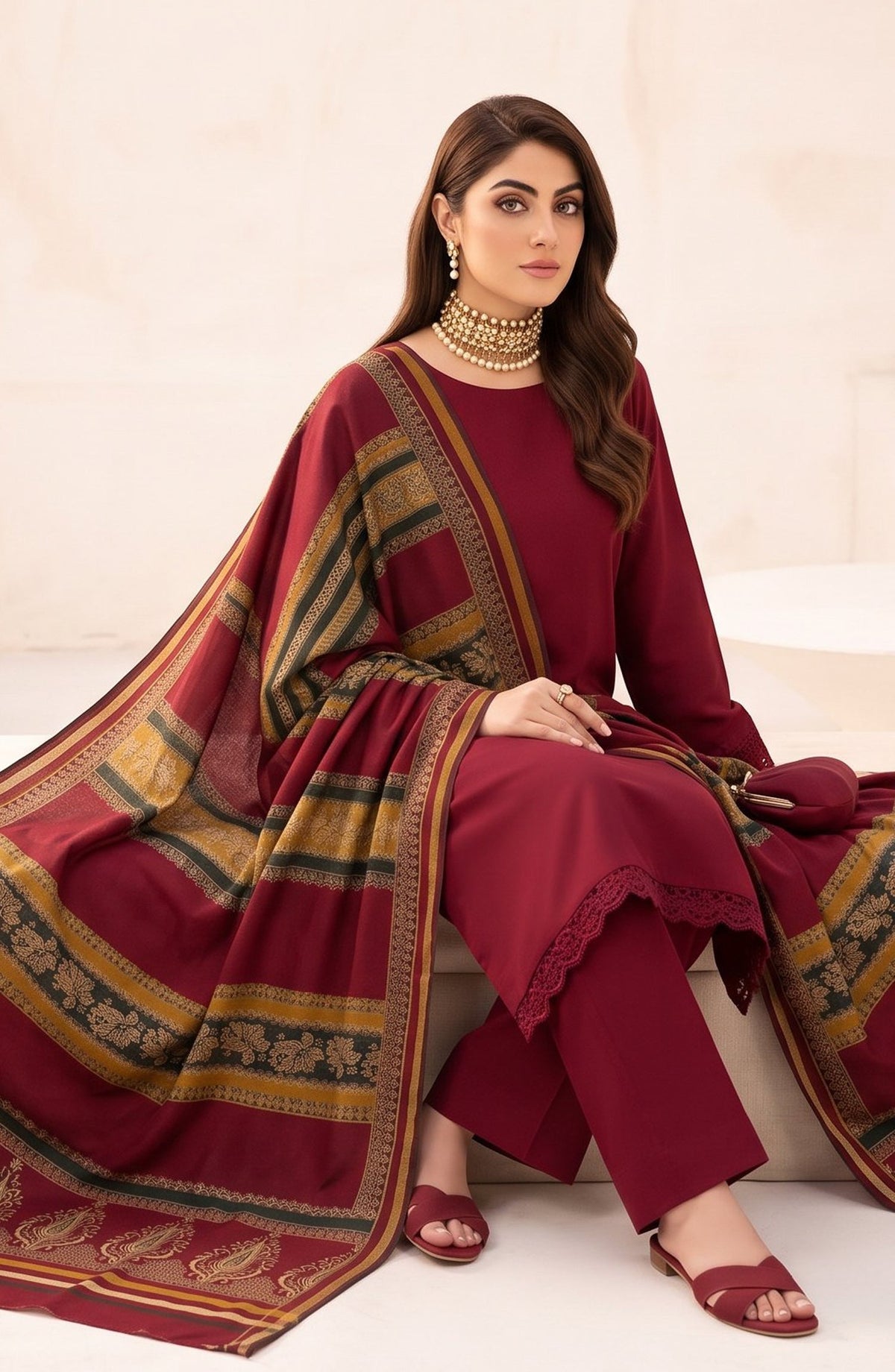 Resham by Amna Khadija Dhanak Unstitched 3 Piece Suit - D-01 - AM26REM - Maroon - Winter Collection