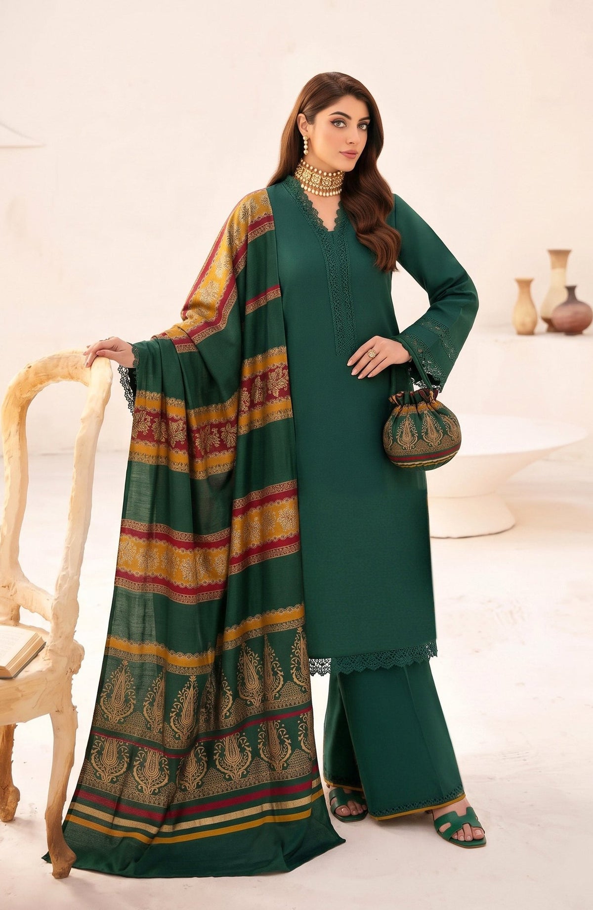 Resham by Amna Khadija Dhanak Unstitched 3 Piece Suit - D-04 - AM26REM - Green - Winter Collection