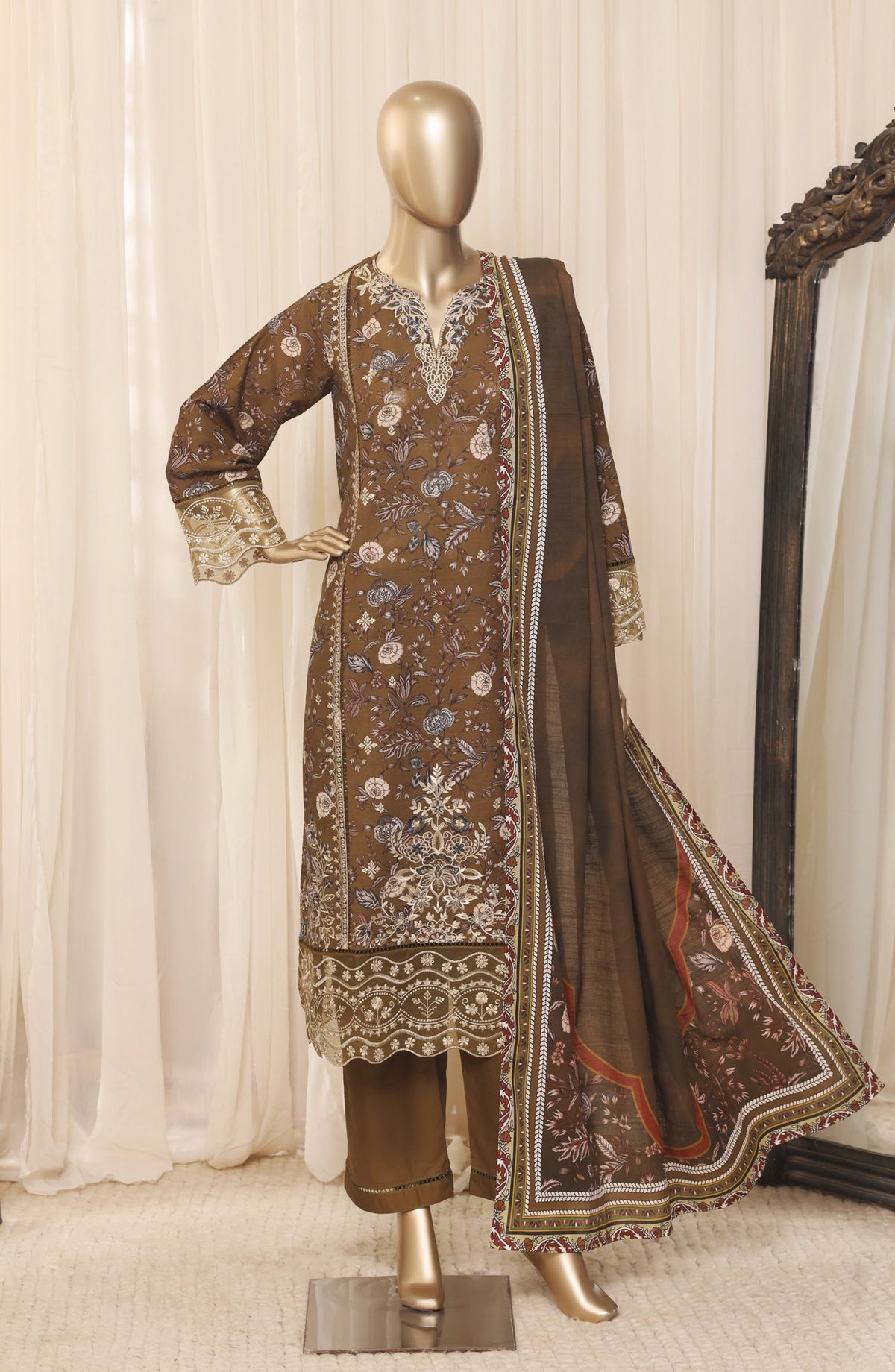 Sadabahar Embroidered Khaddar Stitched 3 Piece Suit - D-02 - SBD26LMT - Brown - Winter Collection