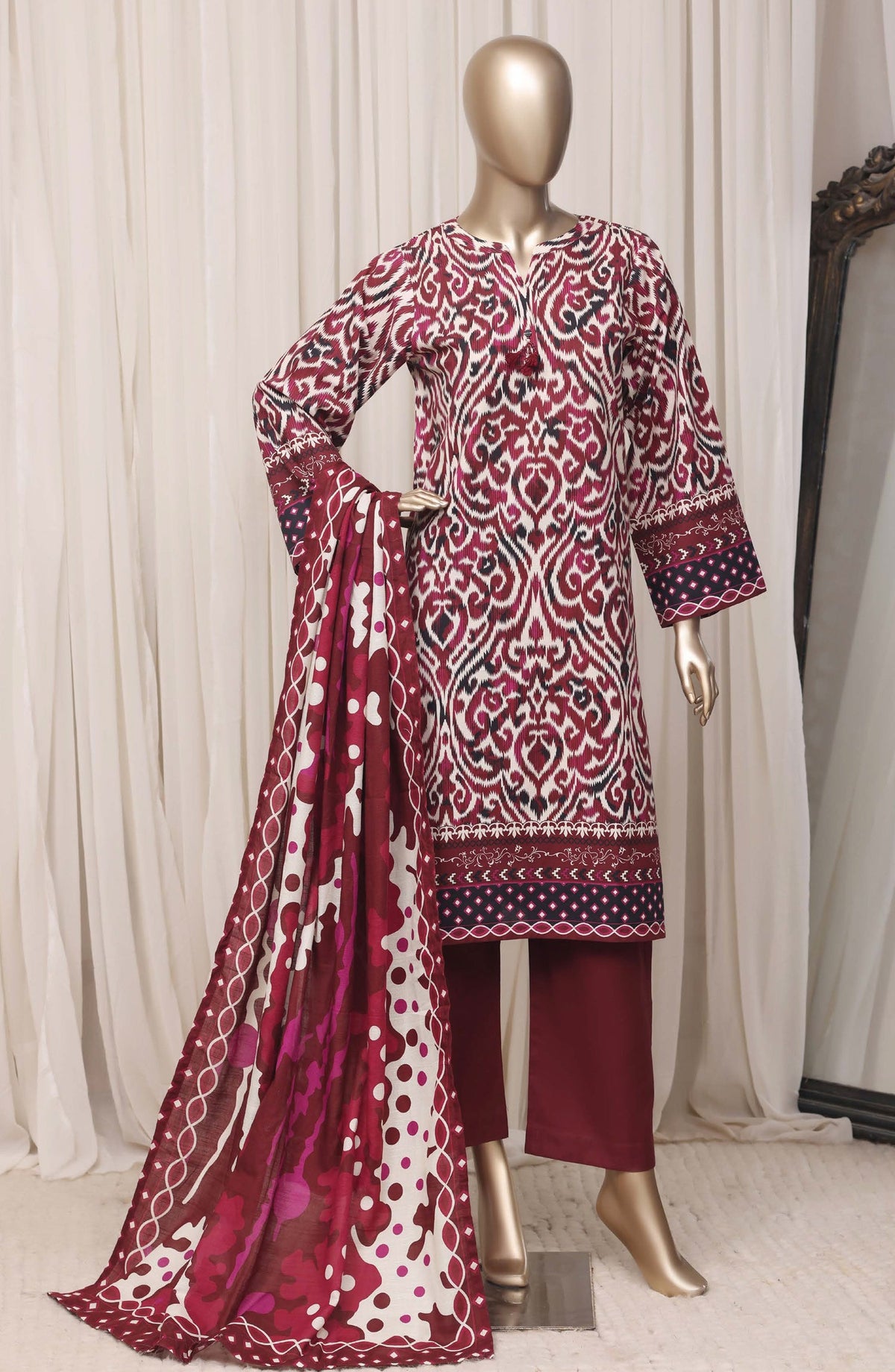 Sadabahar Printed Khaddar Stitched 3 Piece Suit - D-04 - SBD26KFV - Red - Winter Collection