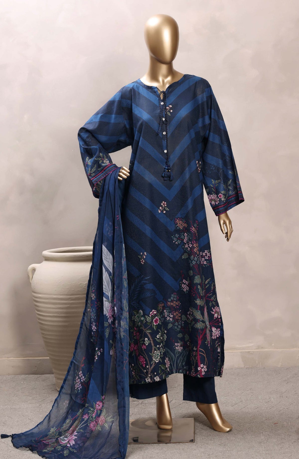 Sadabahar Printed Chamti Cotton Stitched Kaftan 3 Piece Suit - D-05 - SBD26TRF - Blue - Summer Collection
