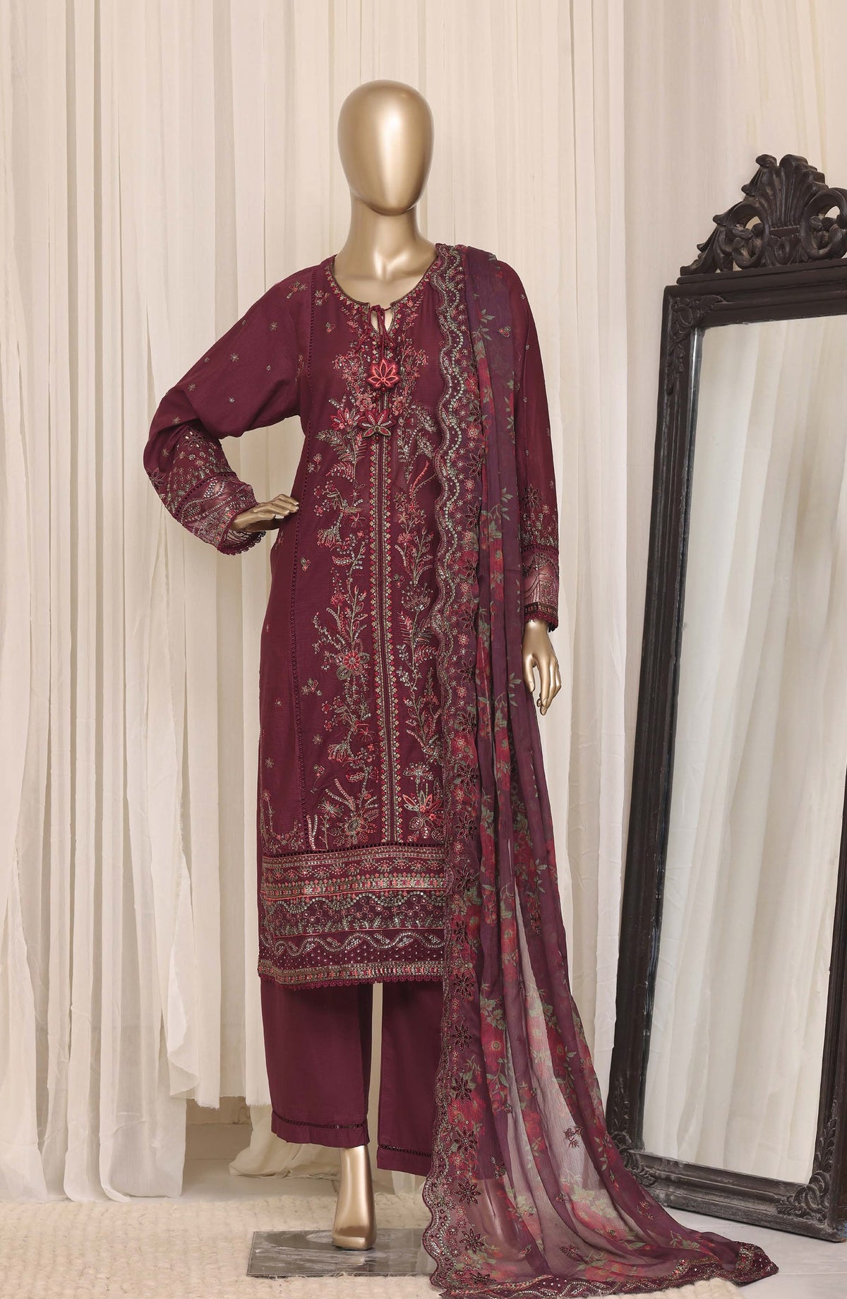 Sadabahar Luxury Embroidered Cotton Stitched 3 Piece Suit - D-05 - SBD26EGT - Maroon - Festive Collection