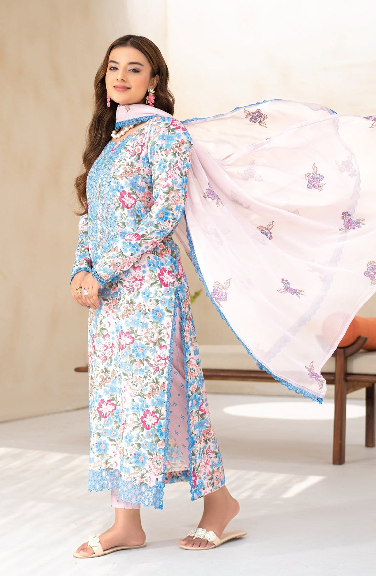 Saffron by Sanam Saeed Embroidered Lawn Unstitched 3 Piece Suit - D-08 - AK26SOF - Blue - Summer Collection