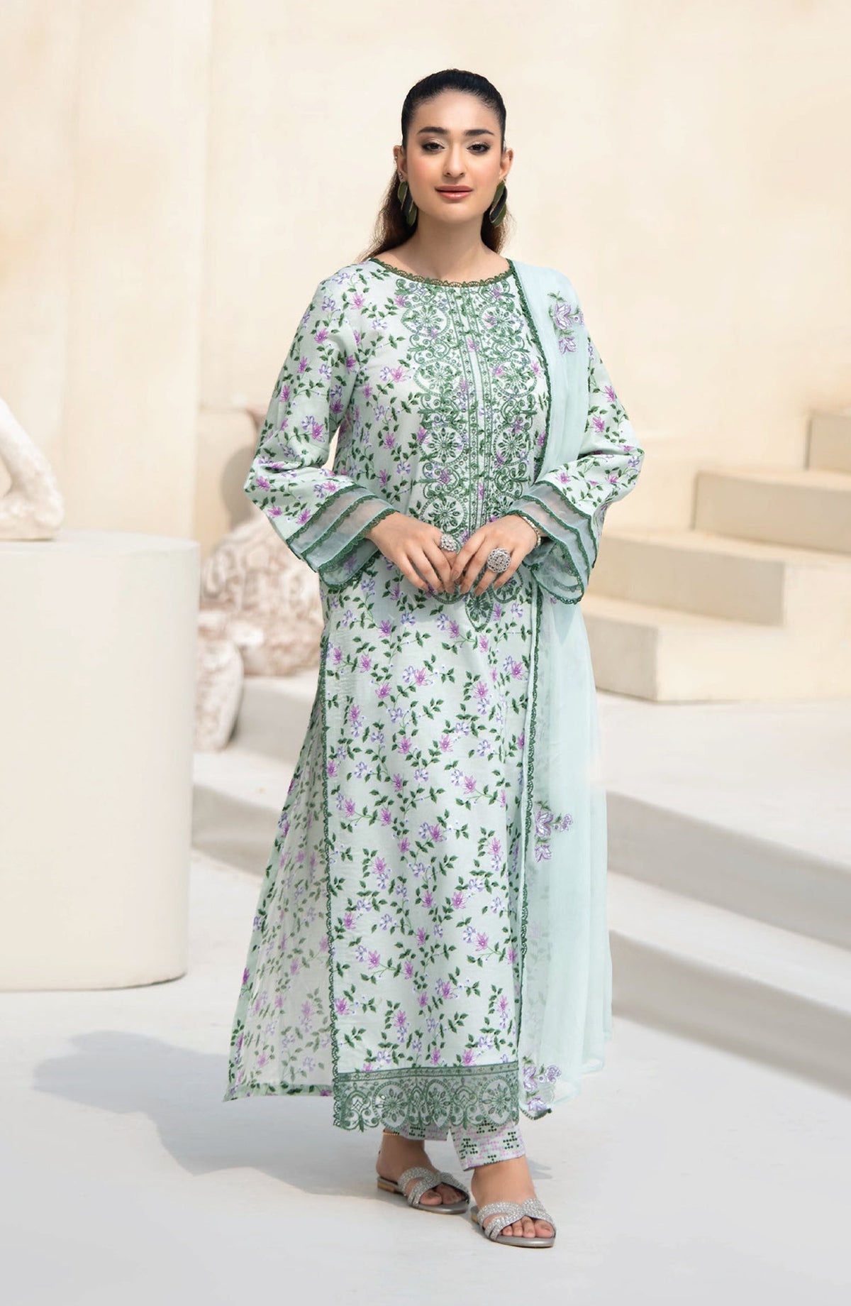 Saffron by Sanam Saeed Embroidered Lawn Unstitched 3 Piece Suit - D-04 - AK26SOF - Green - Summer Collection
