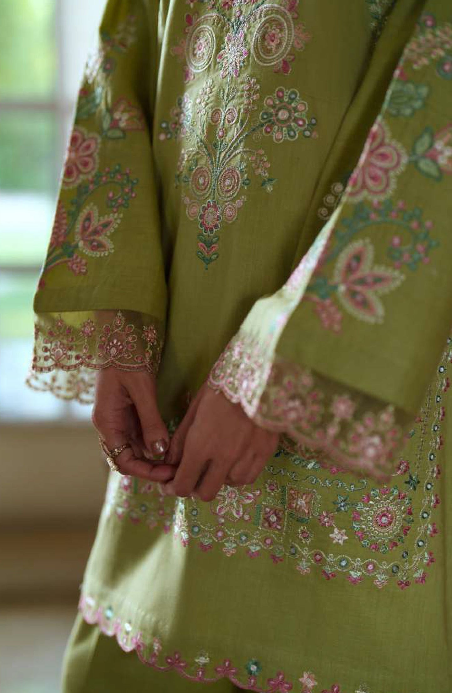 Sakoon by Casual Lite Embroidered Cotton Lawn Stitched 3 Piece Suit - Outfit-02 The Olive Green - CL26SKN - Summer Collection