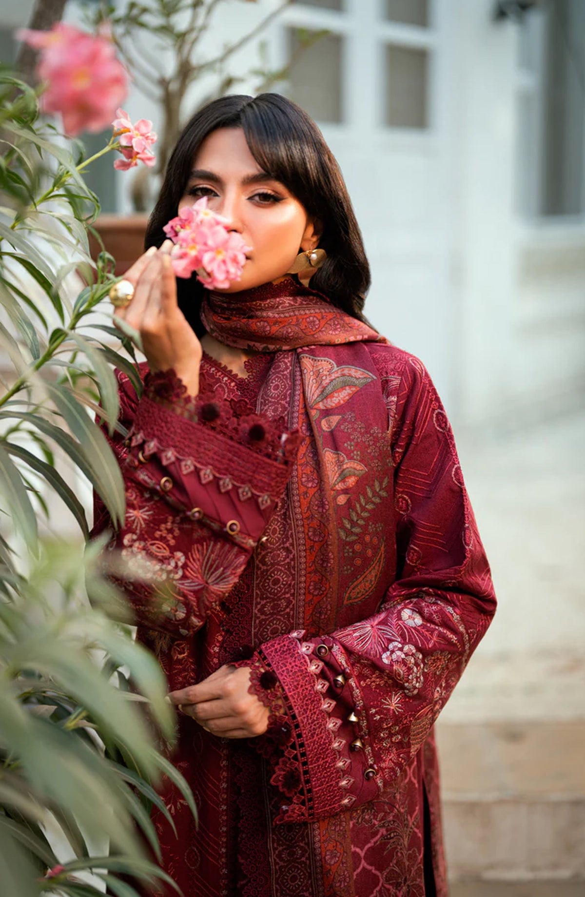 Serenity by Florent Luxury Embroidered Karandi Unstitched 3 Piece Suit - FNS-03A - FL25SRN - Maroon - Winter Collection
