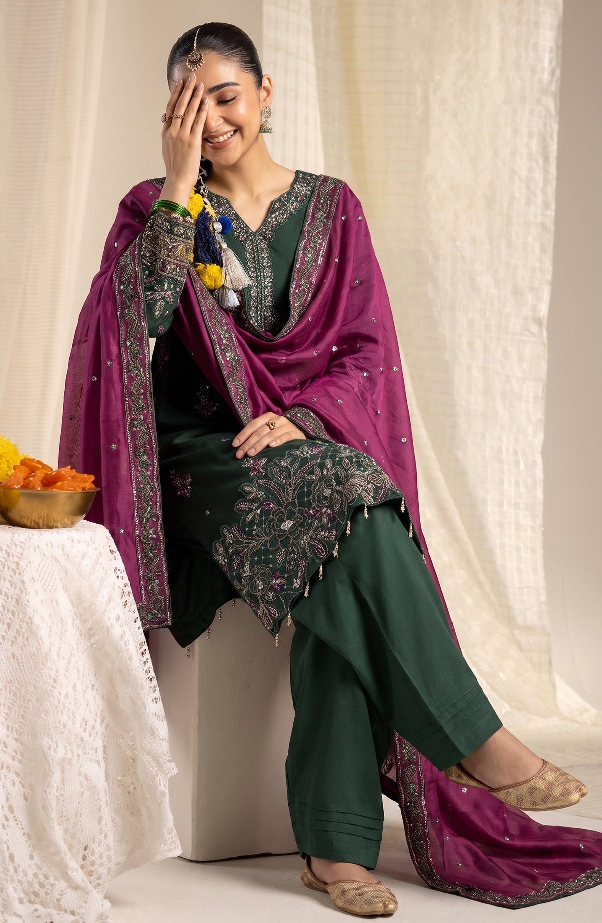 Sham-e-Riwayat by Amna Khadija Embroidered Cotton Stitched 3 Piece Suit - AKSR-01 - AM26SHM - Green - Luxury Collection