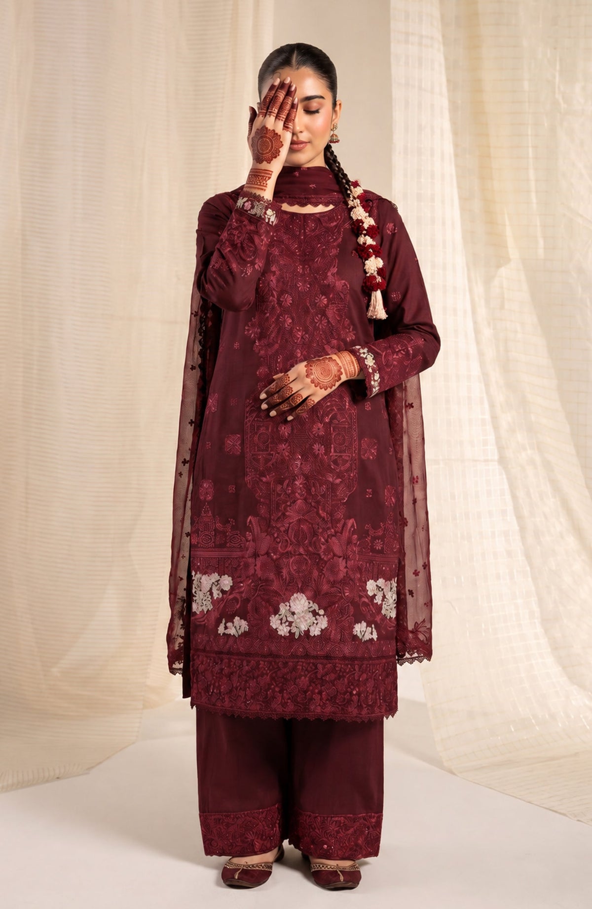 Sham-e-Riwayat by Amna Khadija Embroidered Cotton Stitched 3 Piece Suit - AKSR-03 - AM26SHM - Maroon - Luxury Collection