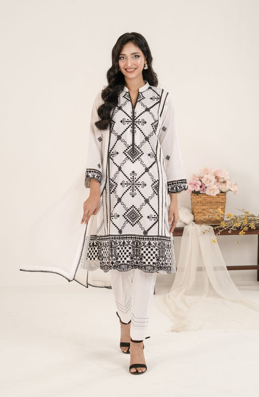 Shamooz Monochrome Embroidered Cotton Stitched 3 Piece Suit - SE-025 White Tales - SMZ25OMN - Summer Collection