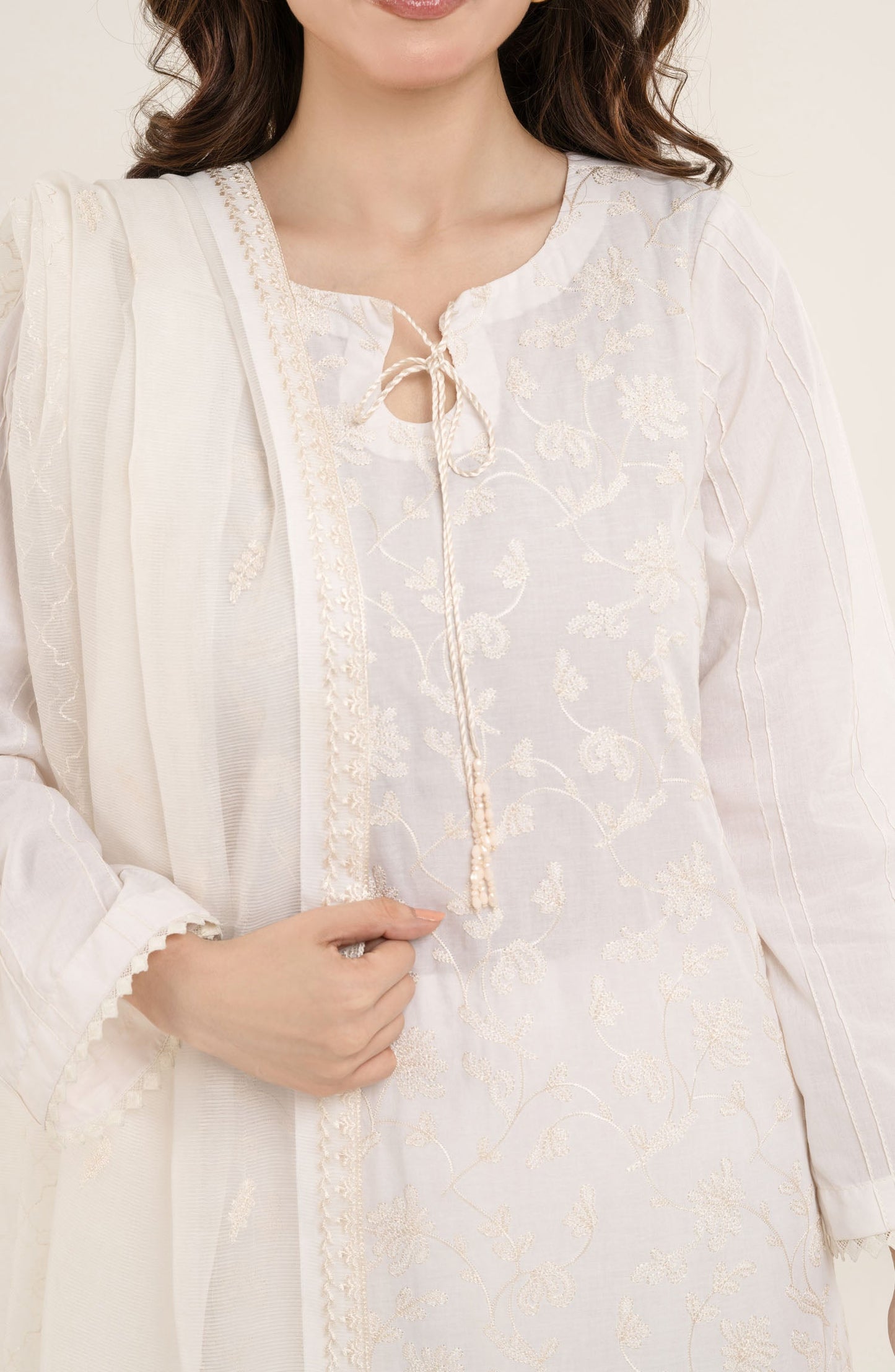 Shamooz Monochrome Embroidered Cotton Stitched 3 Piece Suit - SE-024 Ivory - SMZ25OMN - Summer Collection