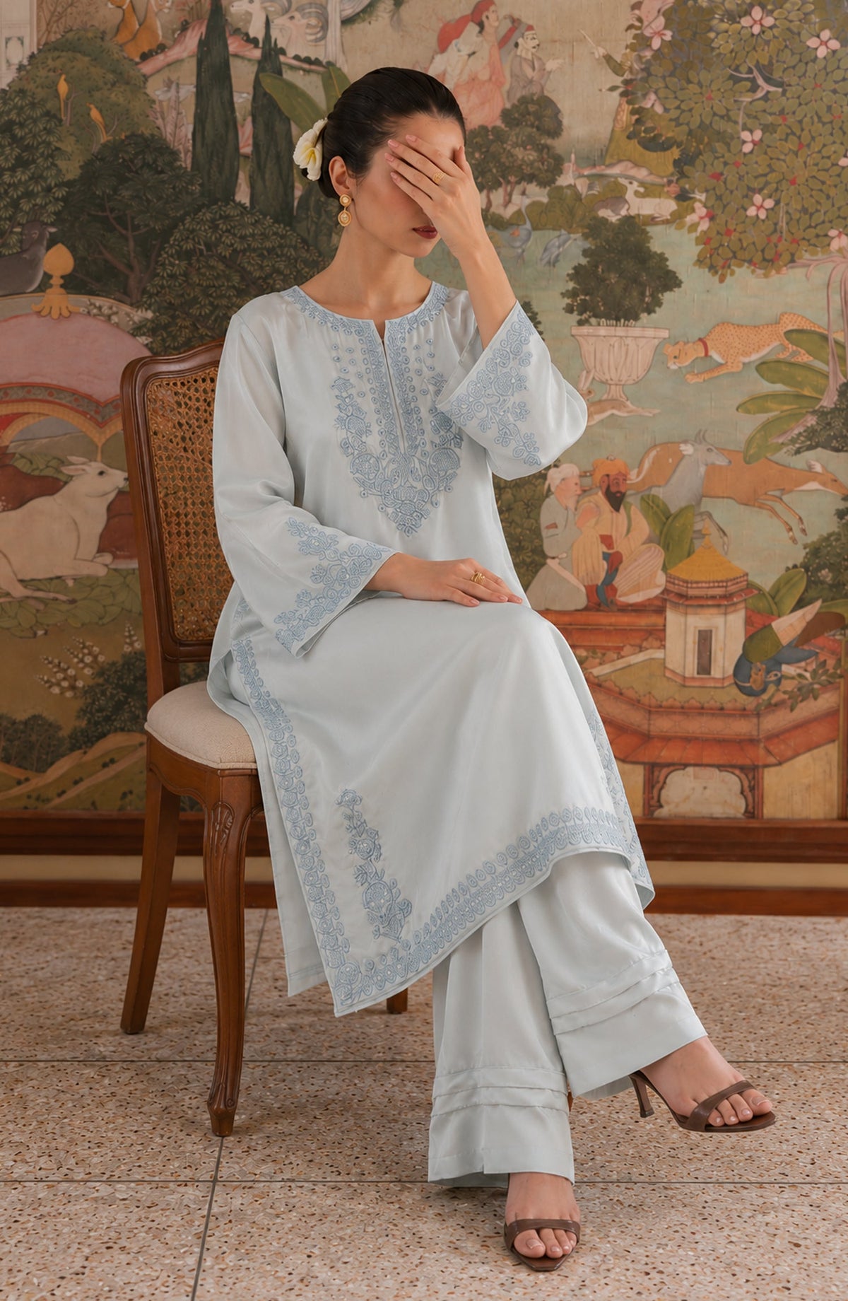 Shimmer by Amna Khadija Embroidered Shamooz Silk Stitched 2 Co-ord Set - AKSS-05 - AM26SMR - Ice Blue - Casual Collection