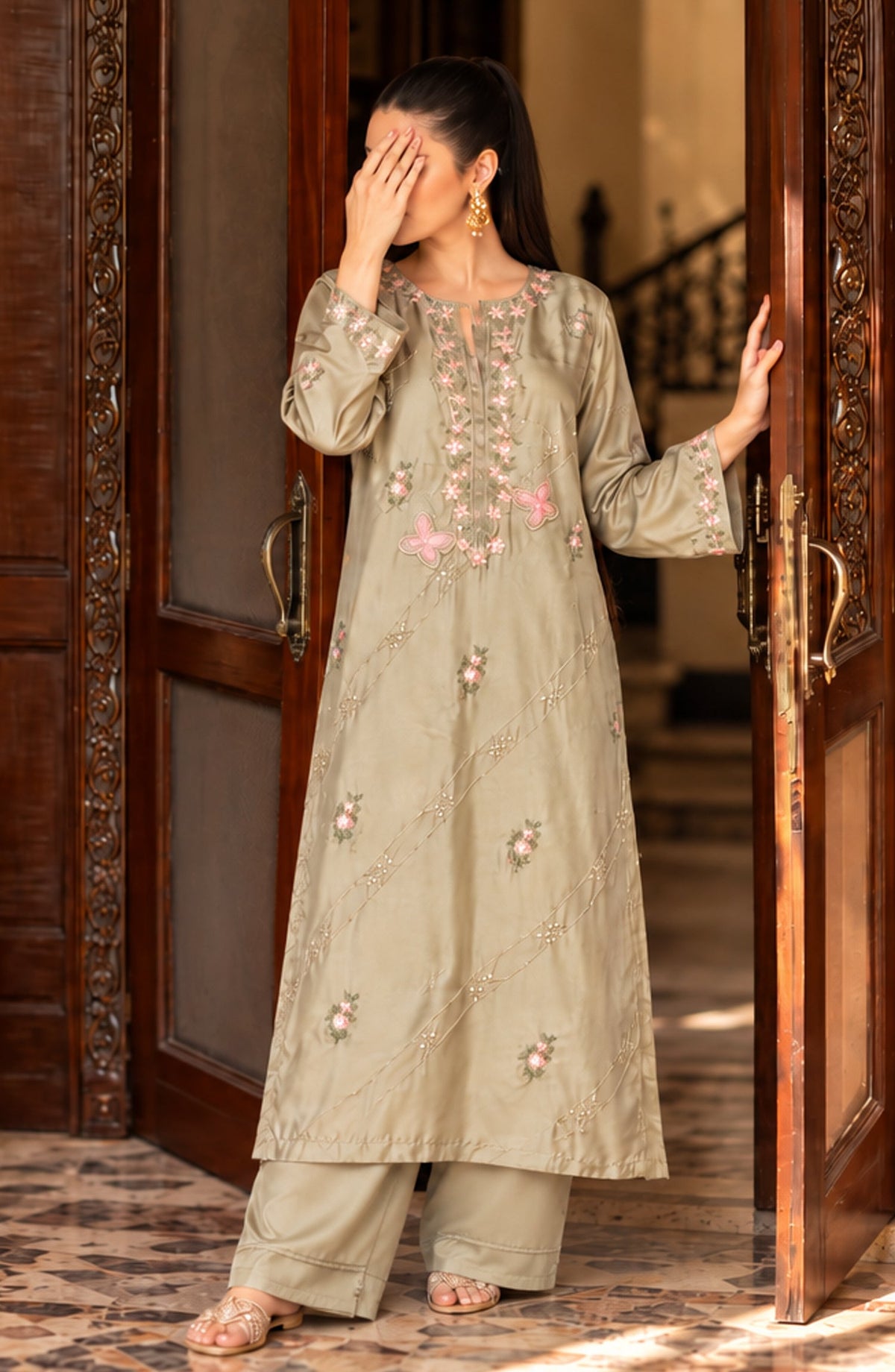 Shimmer by Amna Khadija Embroidered Shamooz Silk Stitched 2 Co-ord Set - AKSS-06 - AM26SMR - Green - Casual Collection