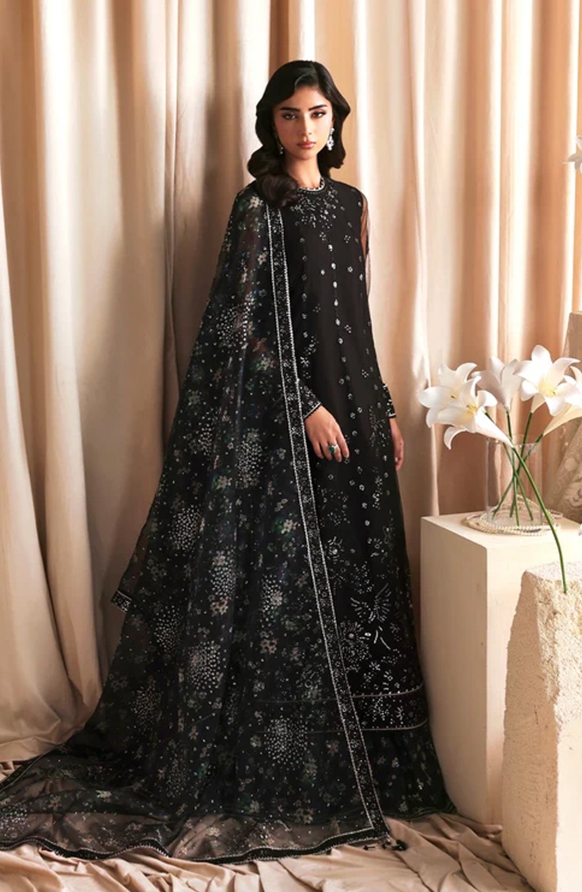 Siraya by Zarif Embroidered Net Unstitched 3 Piece Suit - 06 Kavish - ZRF26SRY - Black - Formal Collection
