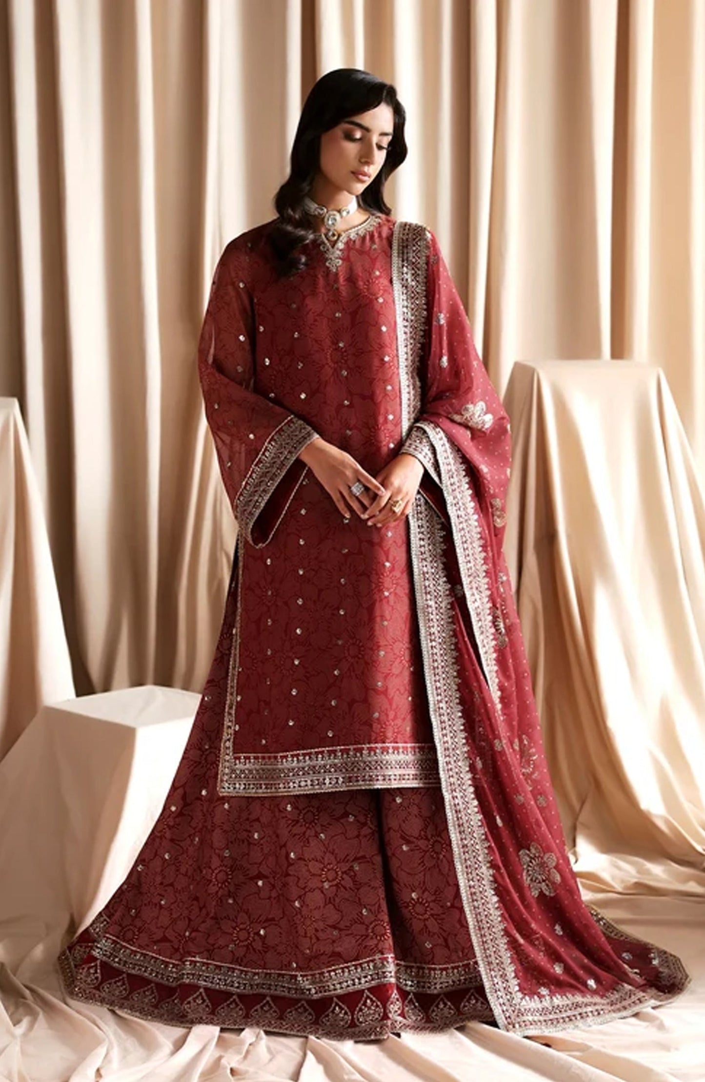 Siraya by Zarif Embroidered Chiffon Unstitched 3 Piece Suit - 04 Maheen - ZRF26SRY - Red - Formal Collection