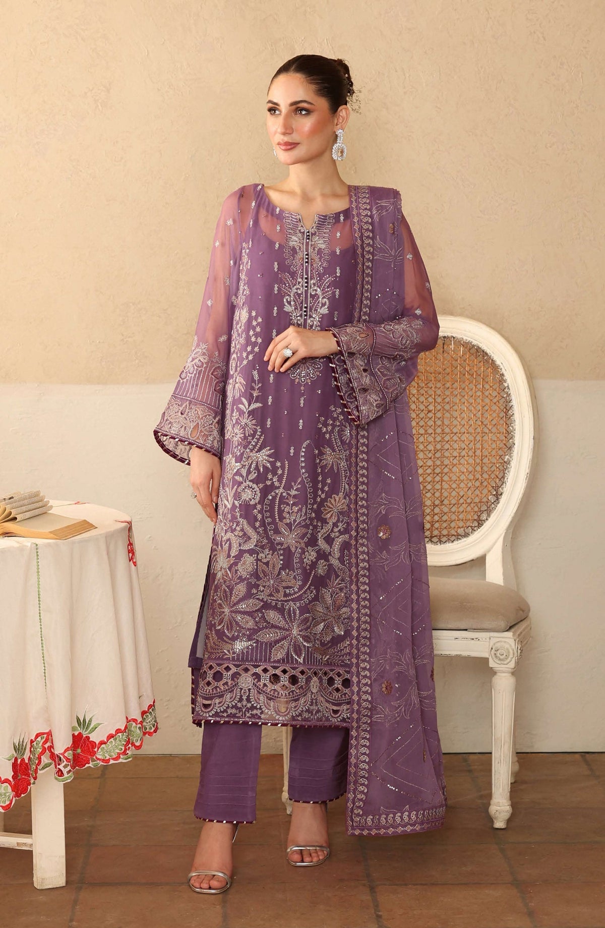 Sonehri by Ramsha Embroidered Chiffon Unstitched 3 Piece Suit - BB-207 - RM25SOHN - Purple - Formals Collection