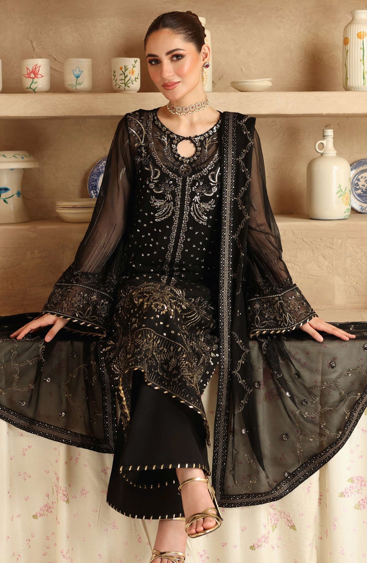 Sonehri by Ramsha Embroidered Chiffon Unstitched 3 Piece Suit - BB-206 - RM25SOHN - Black - Formals Collection