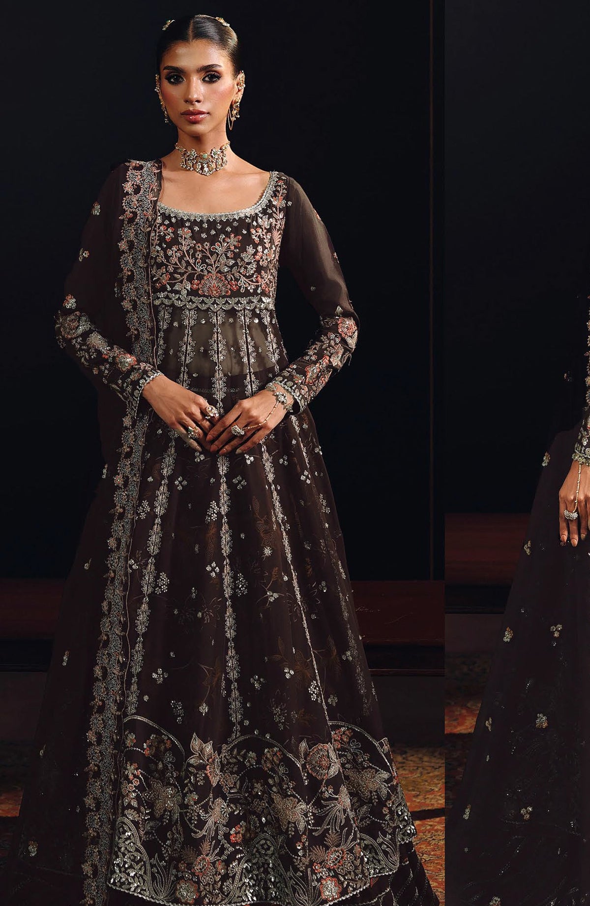 Suroor by Ramsha Luxury Embroidered Raw Silk Unstitched 3 Piece Suit - SR-108 Sahiba - RM26SR - Brown - Formal Collection