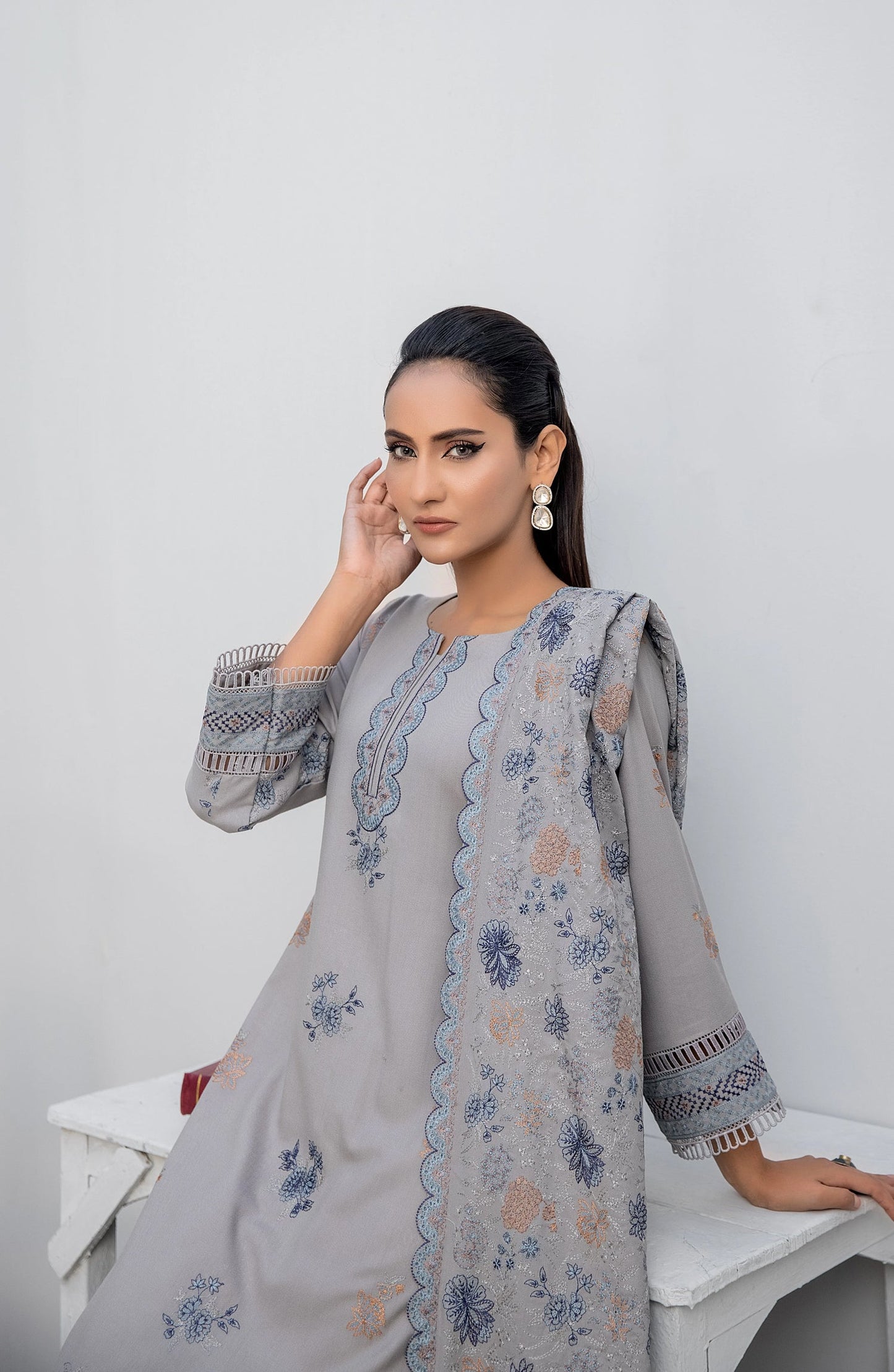 Threads N Weaves Embroidered Dhanak Unstitched 3 Piece Suit - D23107 - TNW25WD - Frost Grey - Winter Collection