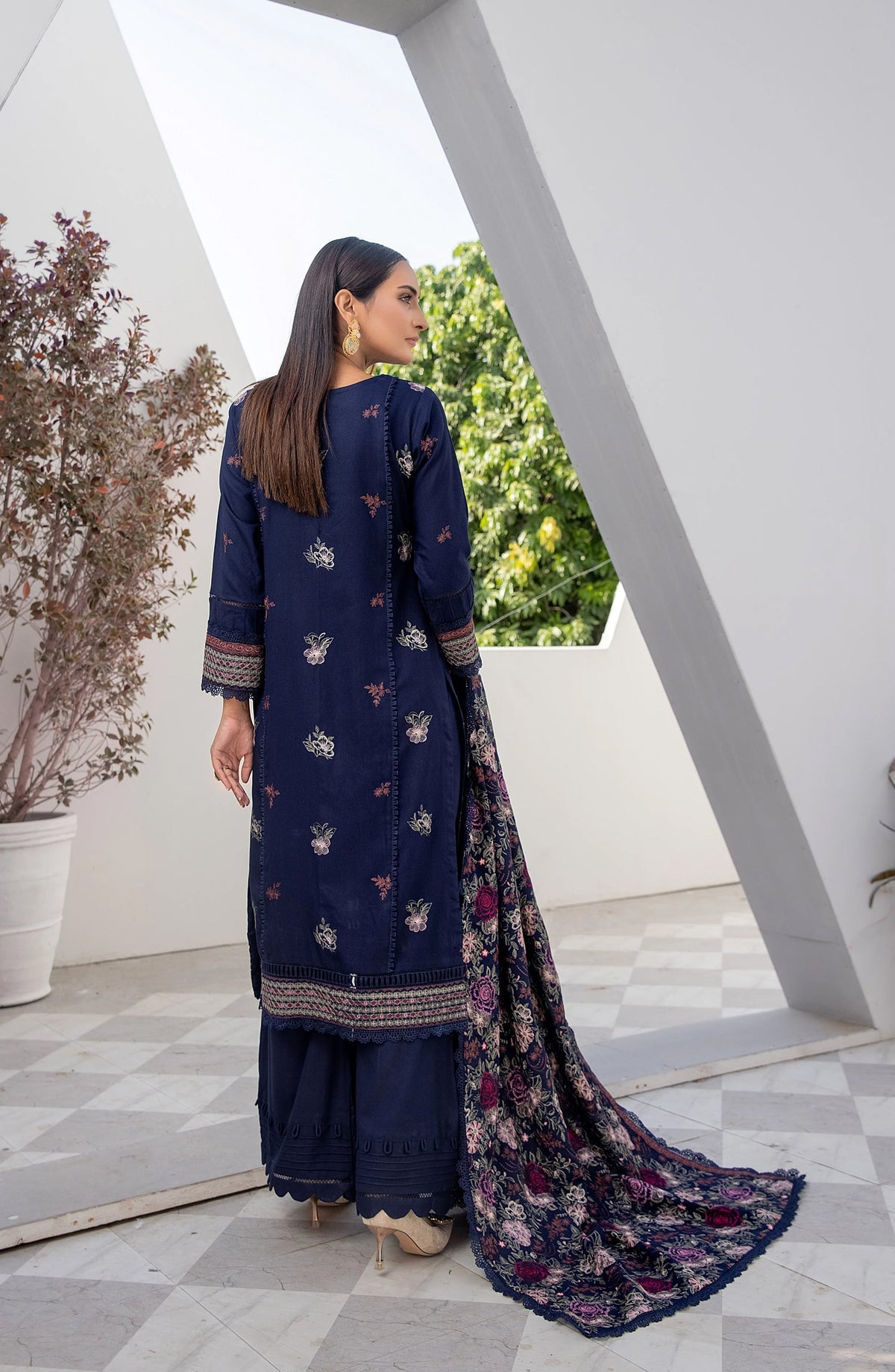 Threads N Weaves Embroidered Dhanak Unstitched 3 Piece Suit - D23103 - TNW25WD - Navy Blue - Winter Collection