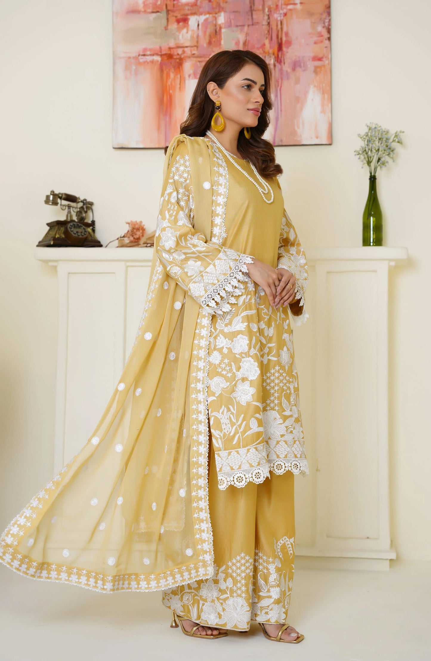 Threads & Weaves Sunshine Yellow Embroidered Viscose 3-Piece Suit Ready to Wear TNW25VSC