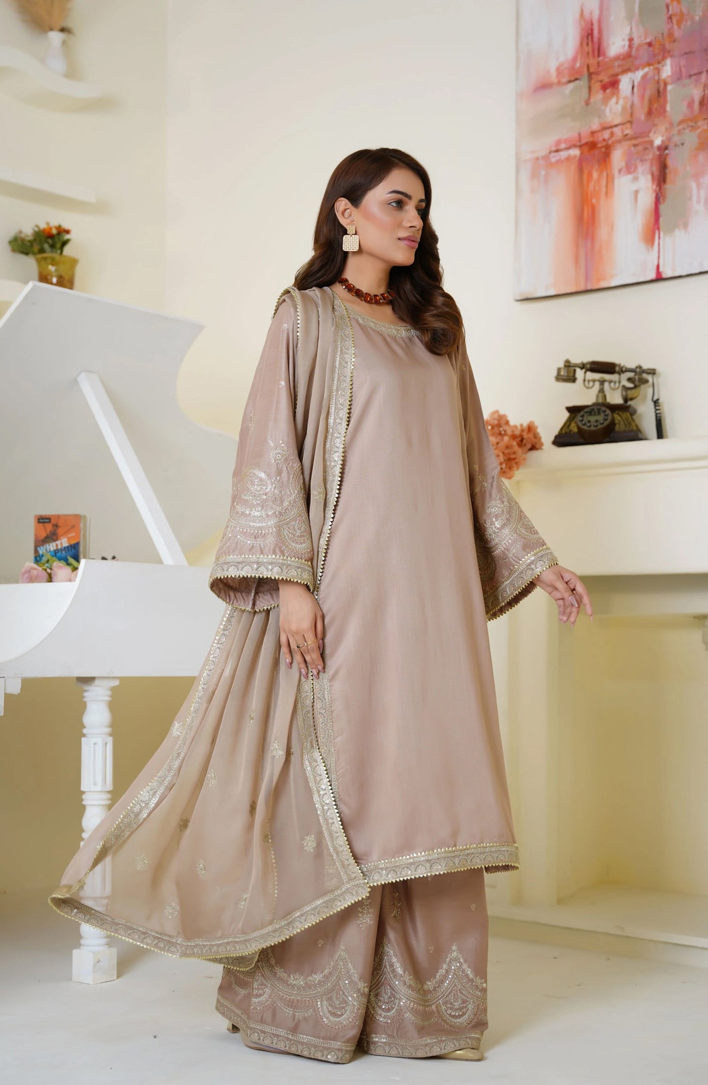 Threads & Weaves Champagne Beige Embroidered Viscose 3-Piece Suit Ready to Wear TNW25VSC