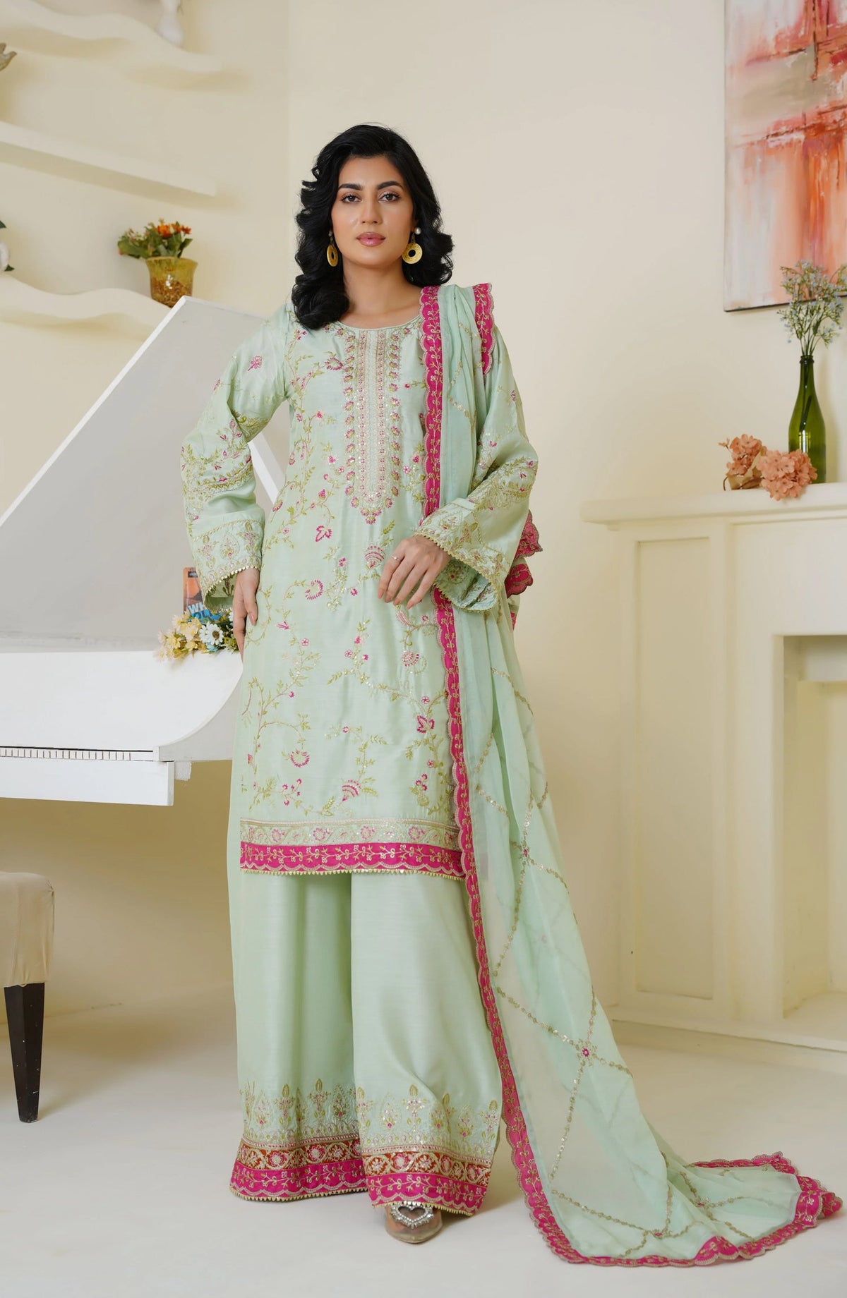 Threads & Weaves Mint Green & Pink Embroidered Viscose 3-Piece Suit Ready to Wear TNW25VSC