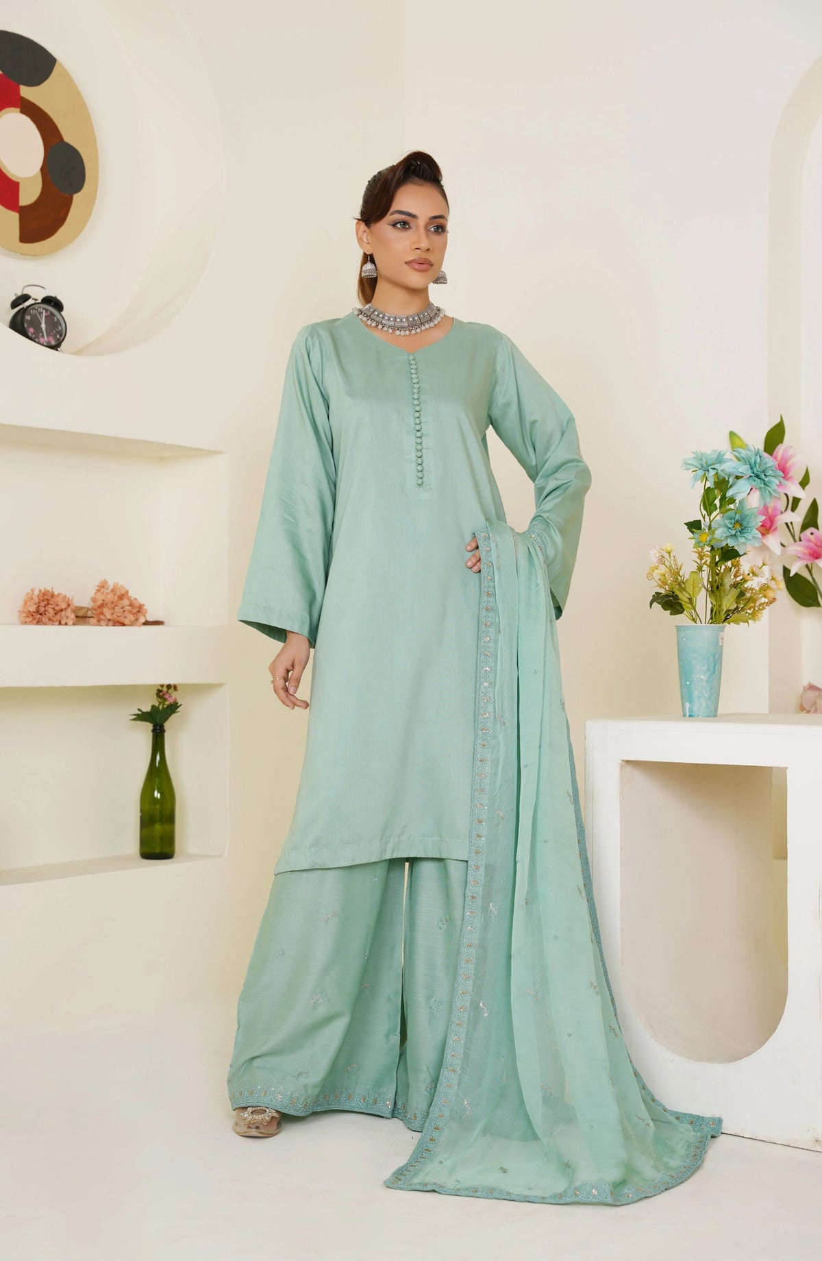 Threads & Weaves Pastel Sea Green Solid 3-Piece Ready-to-Wear Suit with Embroidered Dupatta & Trouser TNW25LN