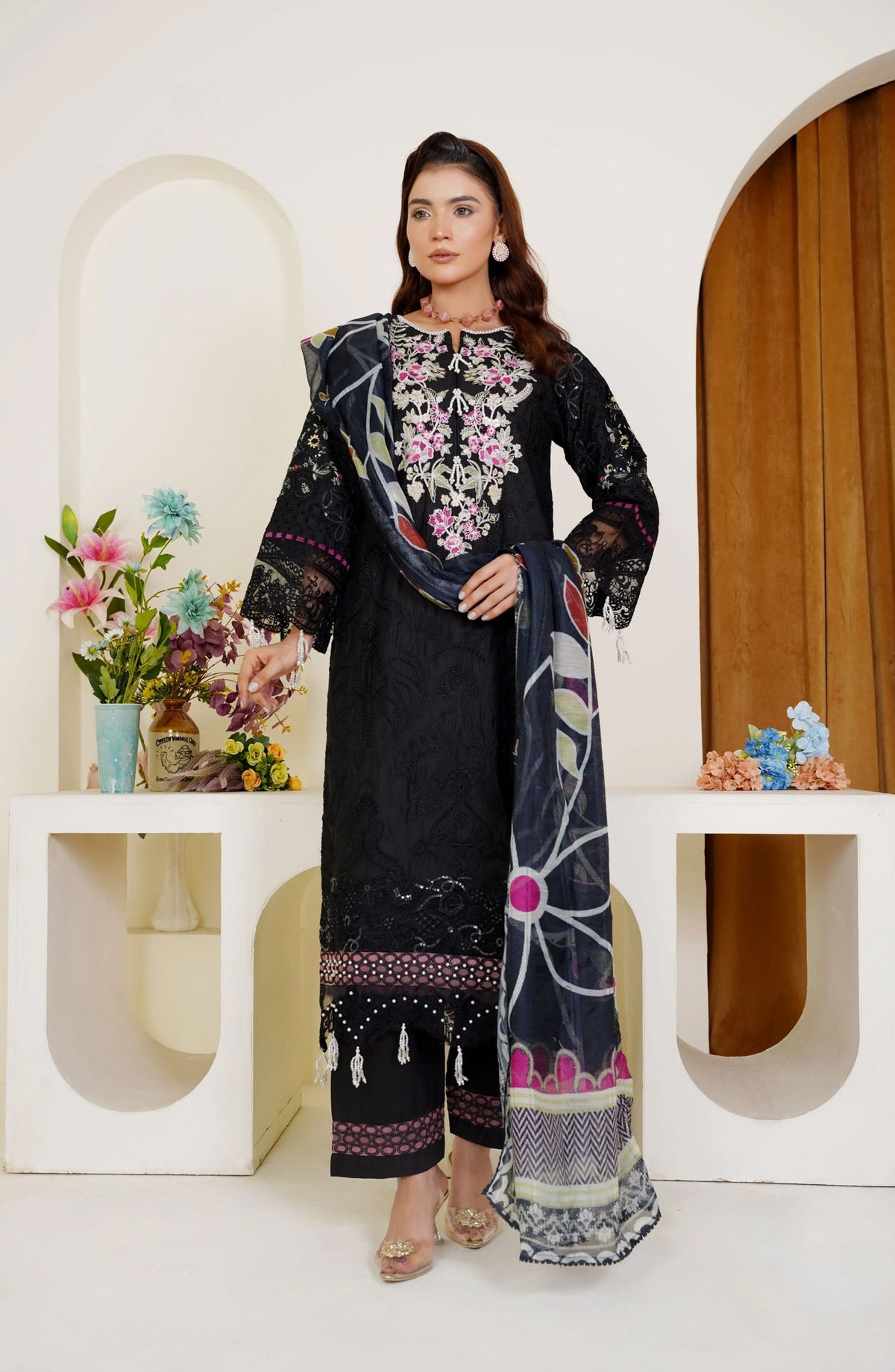 Threads & Weaves Black Embroidered 3-Piece Ready-to-Wear Viscose Suit TNW25VSC