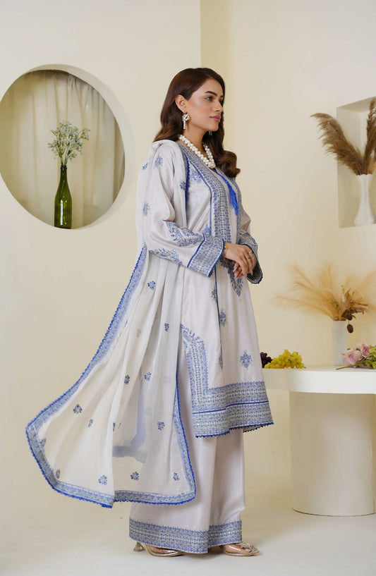 Threads & Weaves Icy Lavender & Blue Embroidered Viscose 3-Piece Suit Ready to Wear TNW25VSC