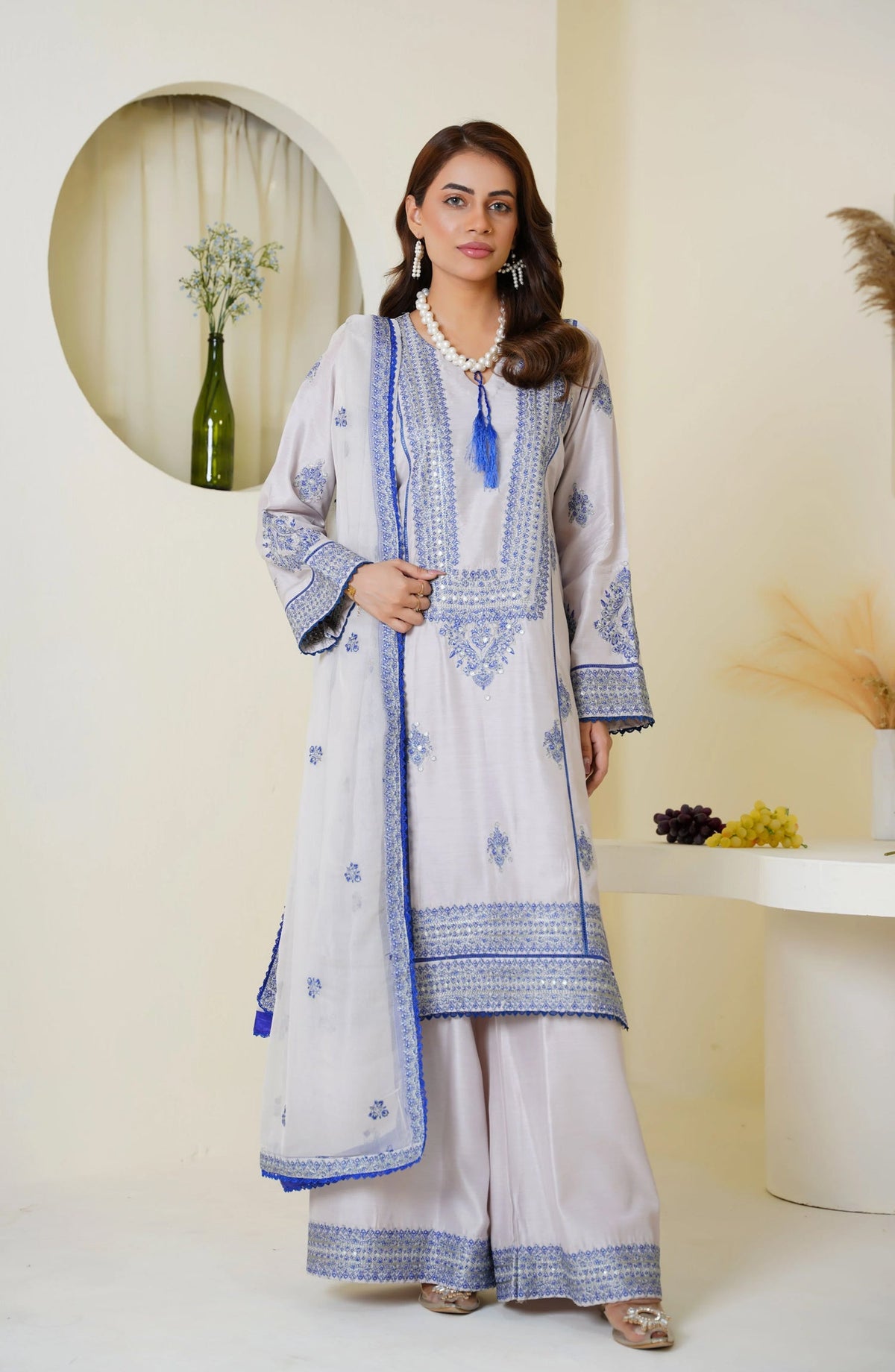 Threads & Weaves Icy Lavender & Blue Embroidered Viscose 3-Piece Suit Ready to Wear TNW25VSC