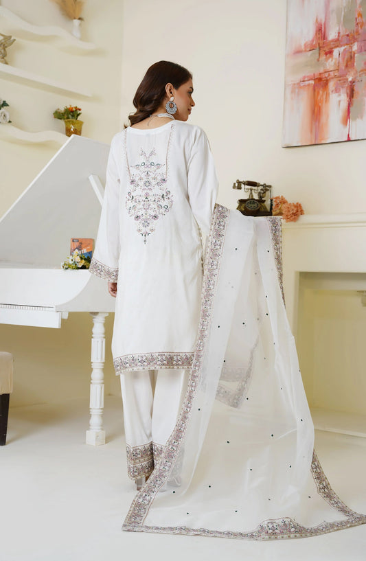Threads & Weaves Ivory White Embroidered Viscose 3-Piece Suit Ready to Wear TNW25VSC