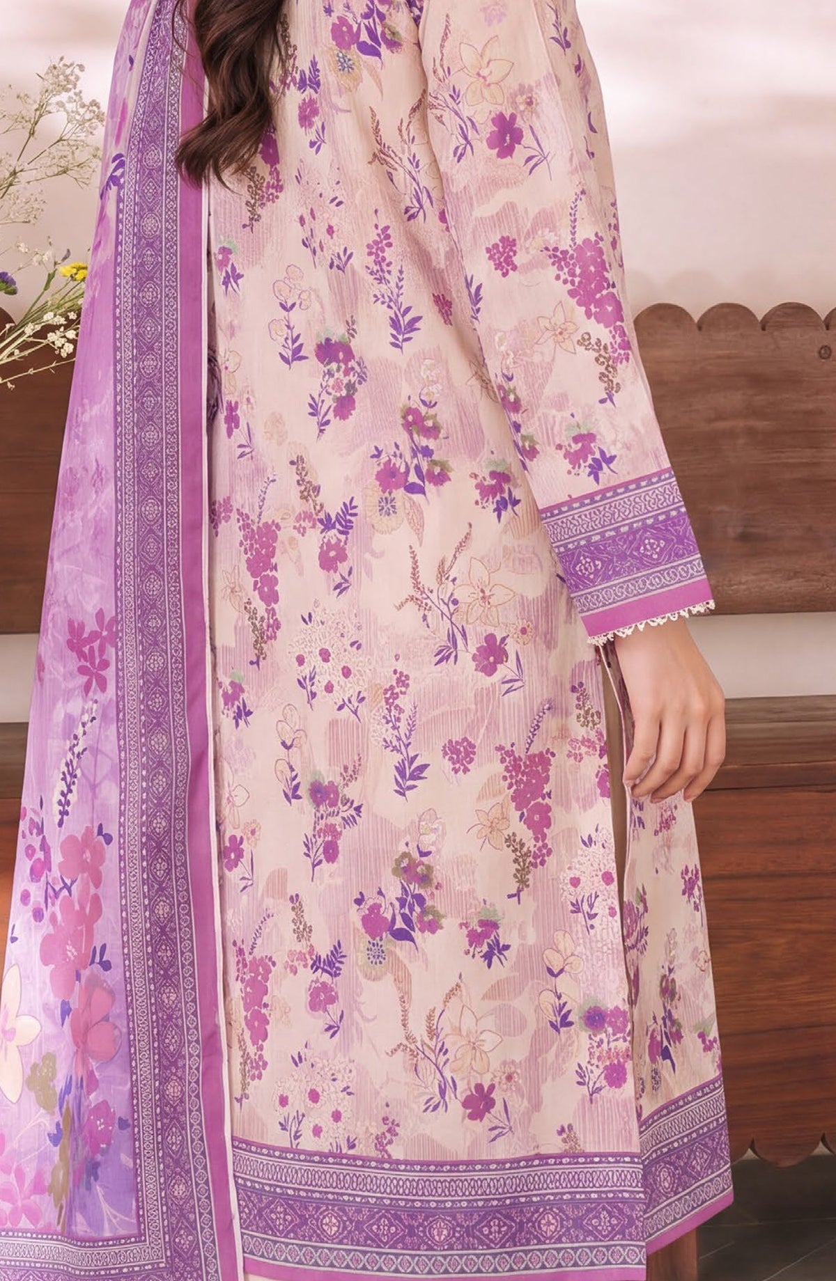 VS Daman Exclusive Printed Cambric Unstitched 3 Piece Suit - D-957 - VS26MB - Pink - Summer Collection