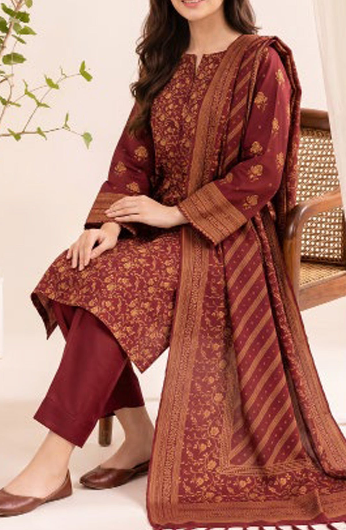 VS Printed Pashmina Unstitched 3 Piece Suit - D-310 A - VS26PM - Maroon - Winter Collection