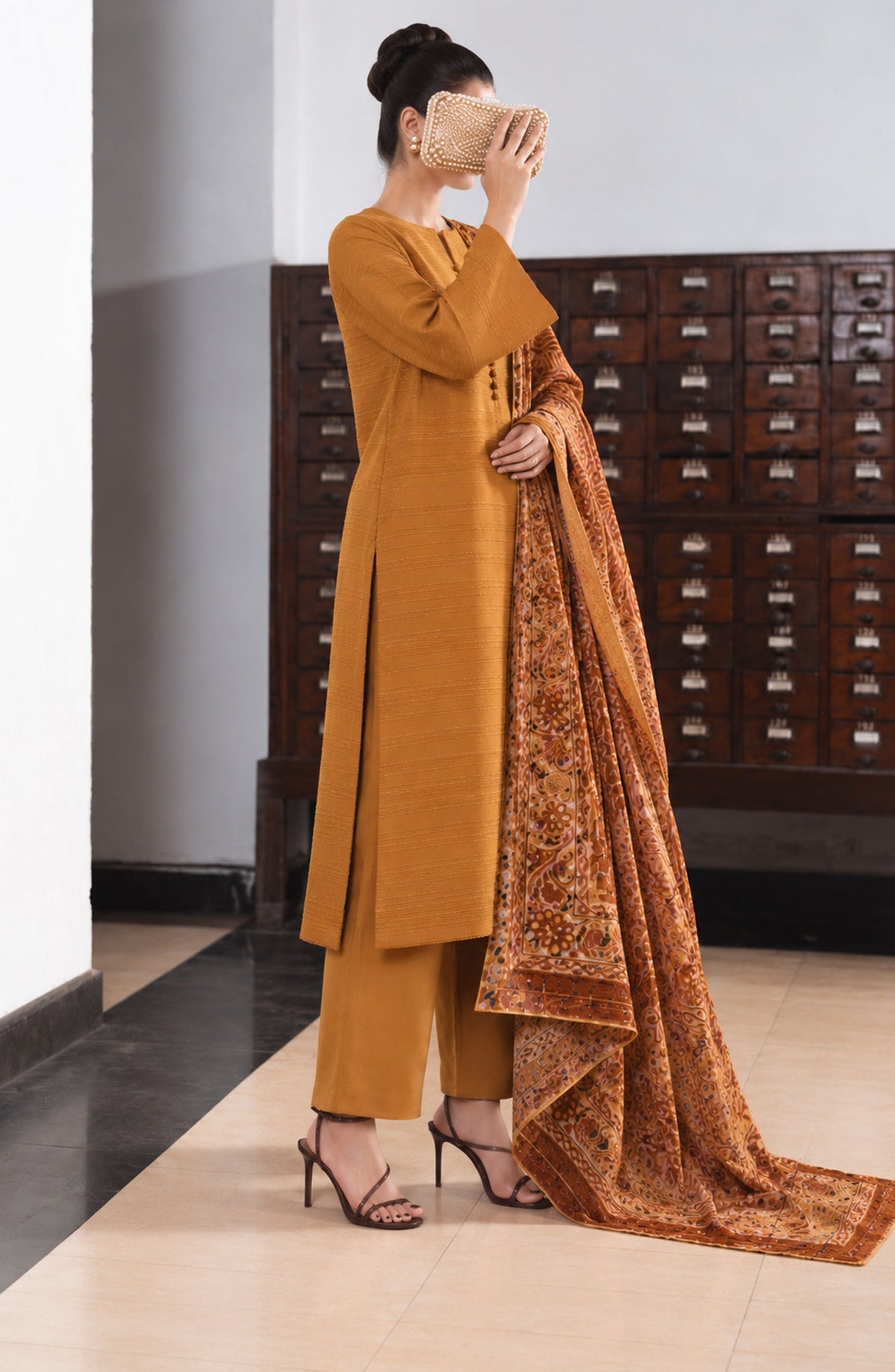 Valentina Ciao by Amna Khadija Dhanak Wool Unstitched 3 Piece Suit - D-10 - AM26VLC - Mustard - Winter Collection