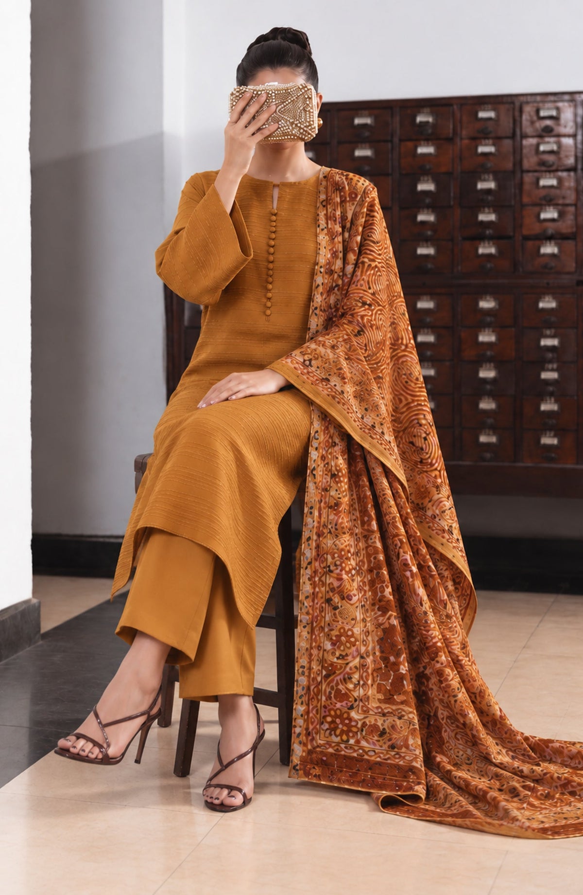 Valentina Ciao by Amna Khadija Dhanak Wool Unstitched 3 Piece Suit - D-10 - AM26VLC - Mustard - Winter Collection