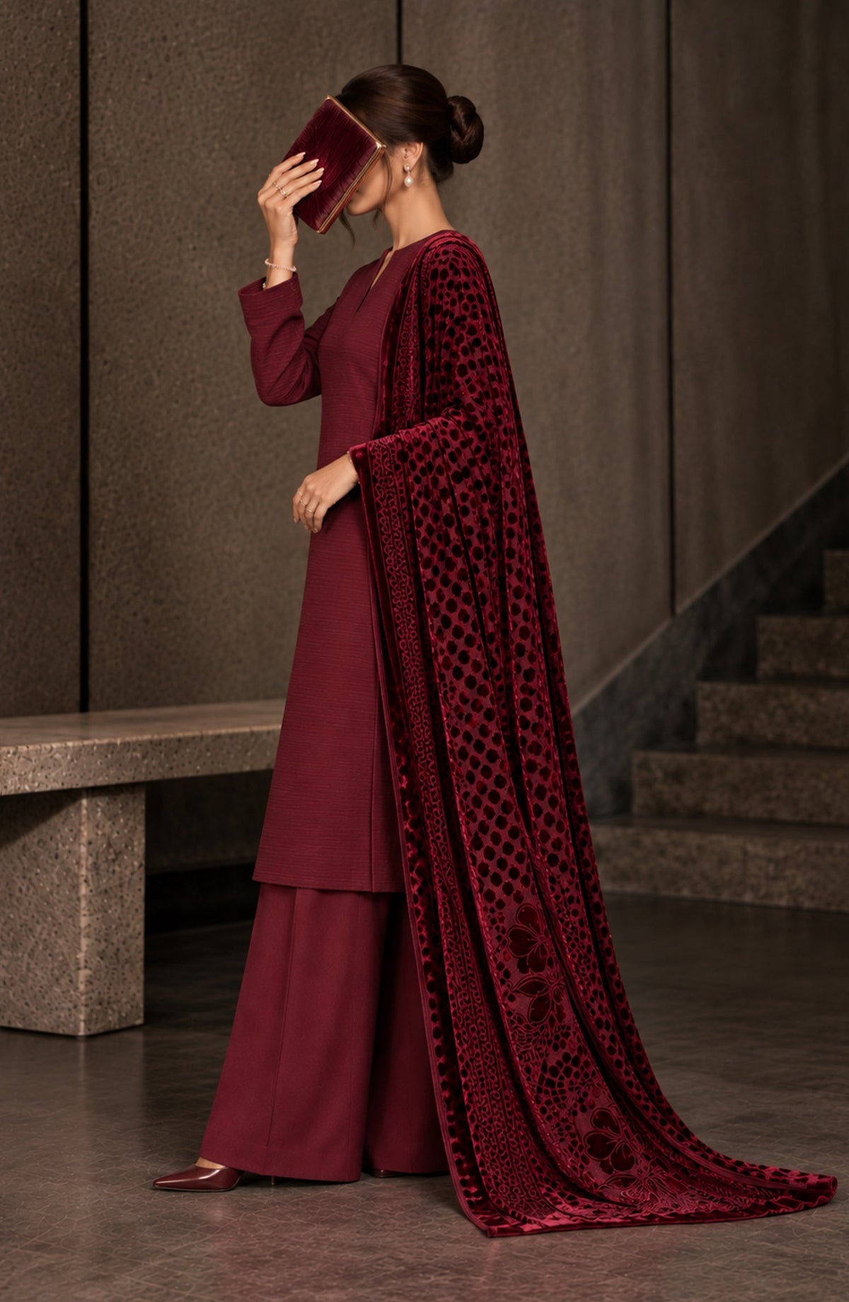 Velluto Milano by Amna Khadija Moonlight Dhanak Unstitched 3 Piece Suit - D-06 - AM26VUL - Maroon - Winter Collection