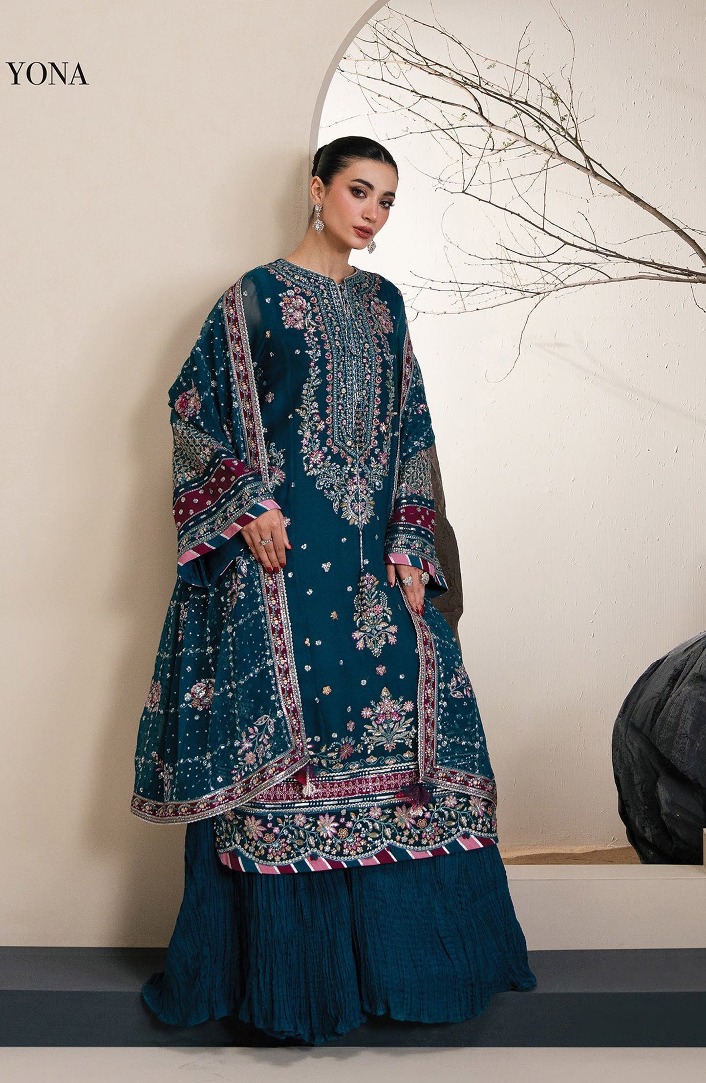 Xenia Kalani Luxury Embroidered Chiffon Unstitched 3 Piece Suit - 05-Yona - XF26KN - Blue - Festive Collection