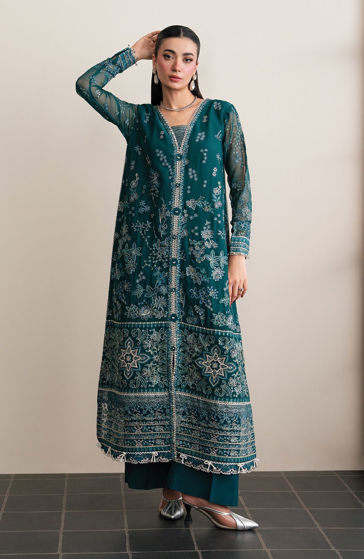 Xenia Kalani Luxury Embroidered Chiffon Unstitched 3 Piece Suit - 02-Azari - XF26KN - Teal - Festive Collection