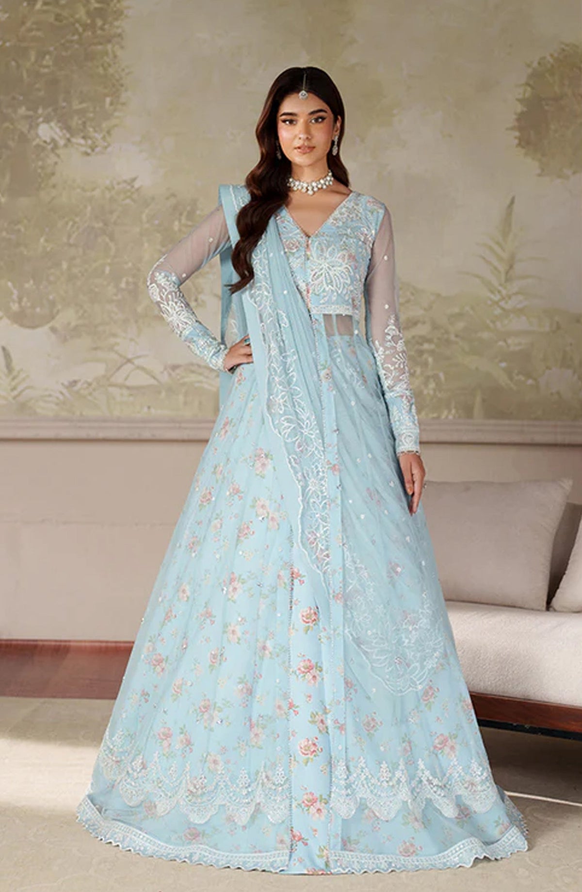 Zaneera by Zarif Embroidered Net Unstitched 3 Piece Suit - ZRF-ZPE-02 AROOSH - ZRF25ZNR - Blue - Formals Collection